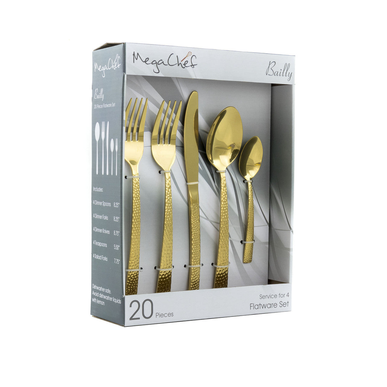 MegaChef Baily 20 Piece Flatware Utensil Set, Stainless Steel Silverware Metal Service for 4 in Gold-0