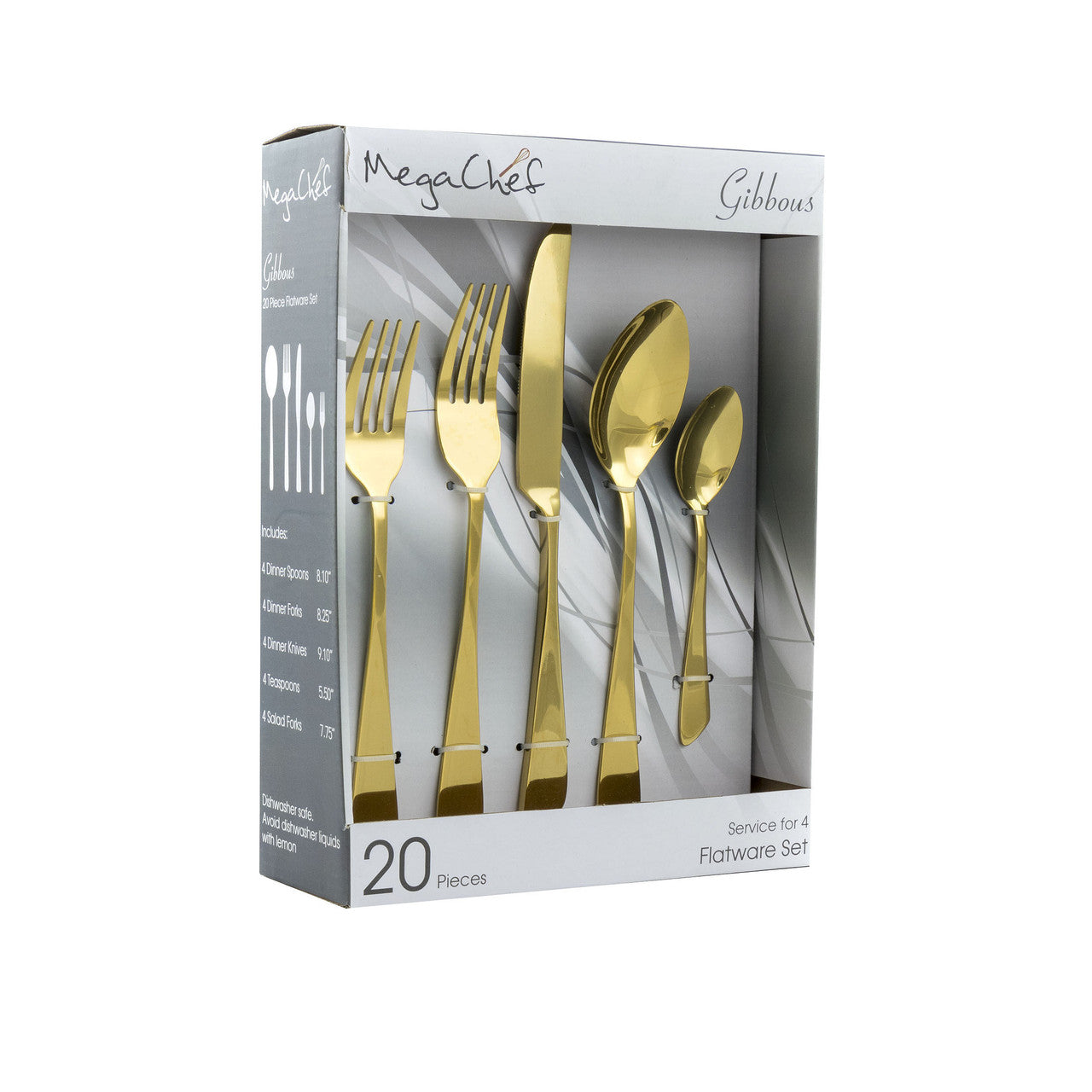 MegaChef Gibbous 20 Piece Flatware Utensil Set, Stainless Steel Silverware Metal Service for 4 in G-0