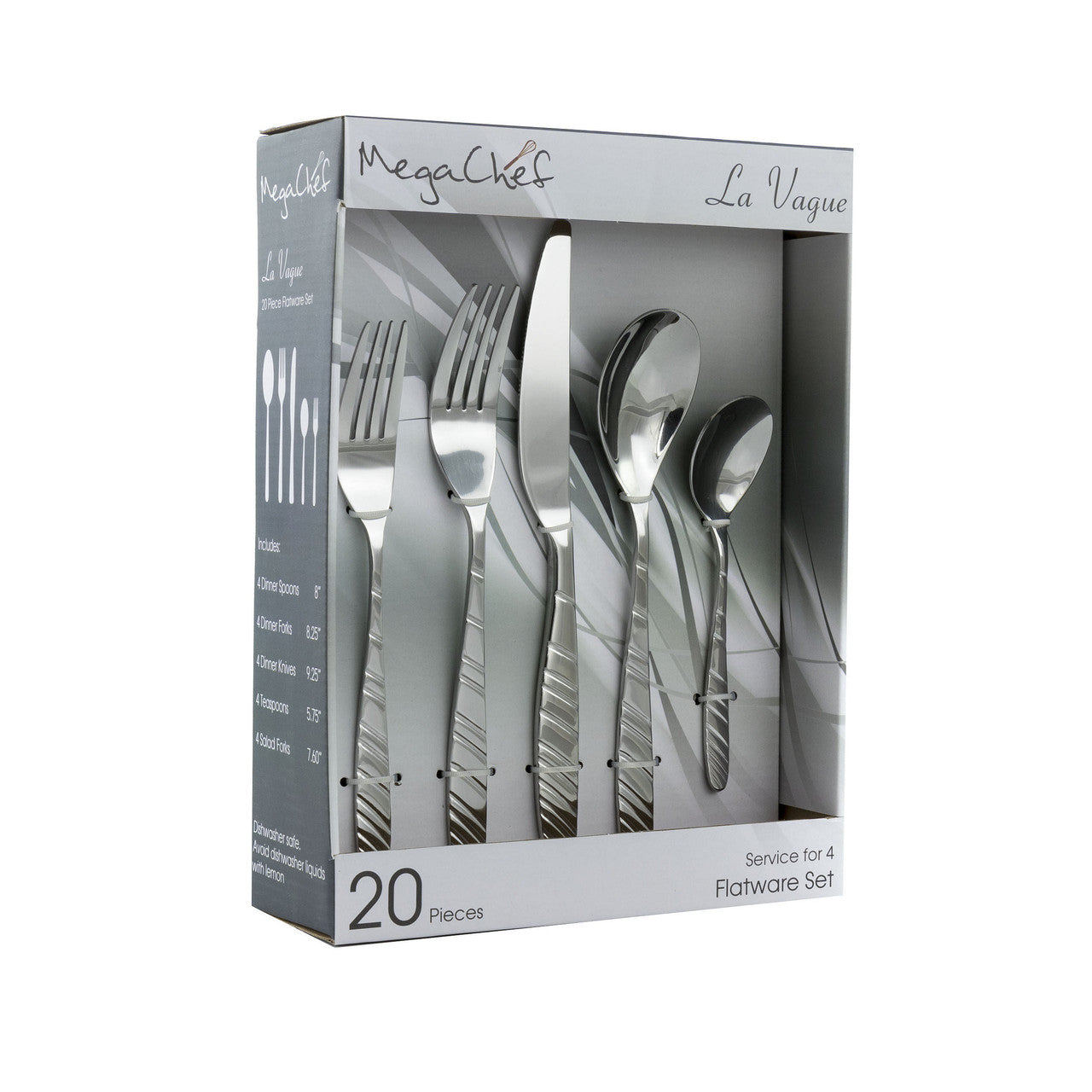 MegaChef La Vague 20 Pcs Flatware Utensil Set, Stainless Steel Silverware Metal Service for 4 in Si-0