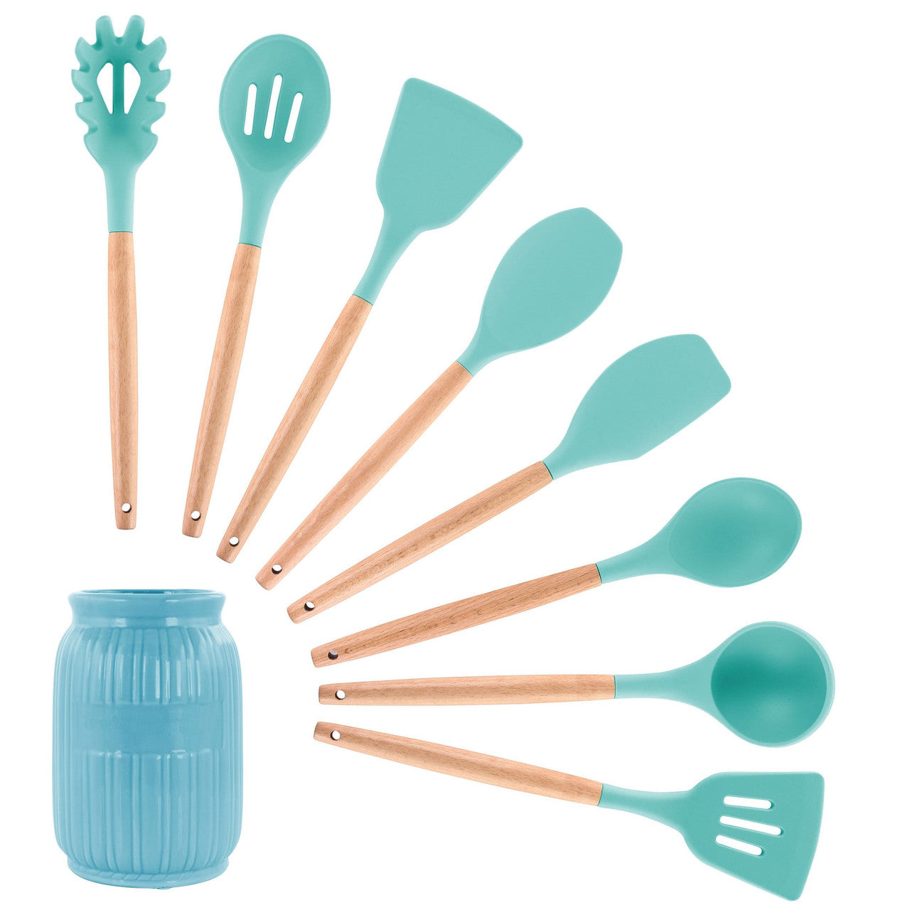 MegaChef Light Teal Silicone and Wood Cooking Utensils, Set of 9-0