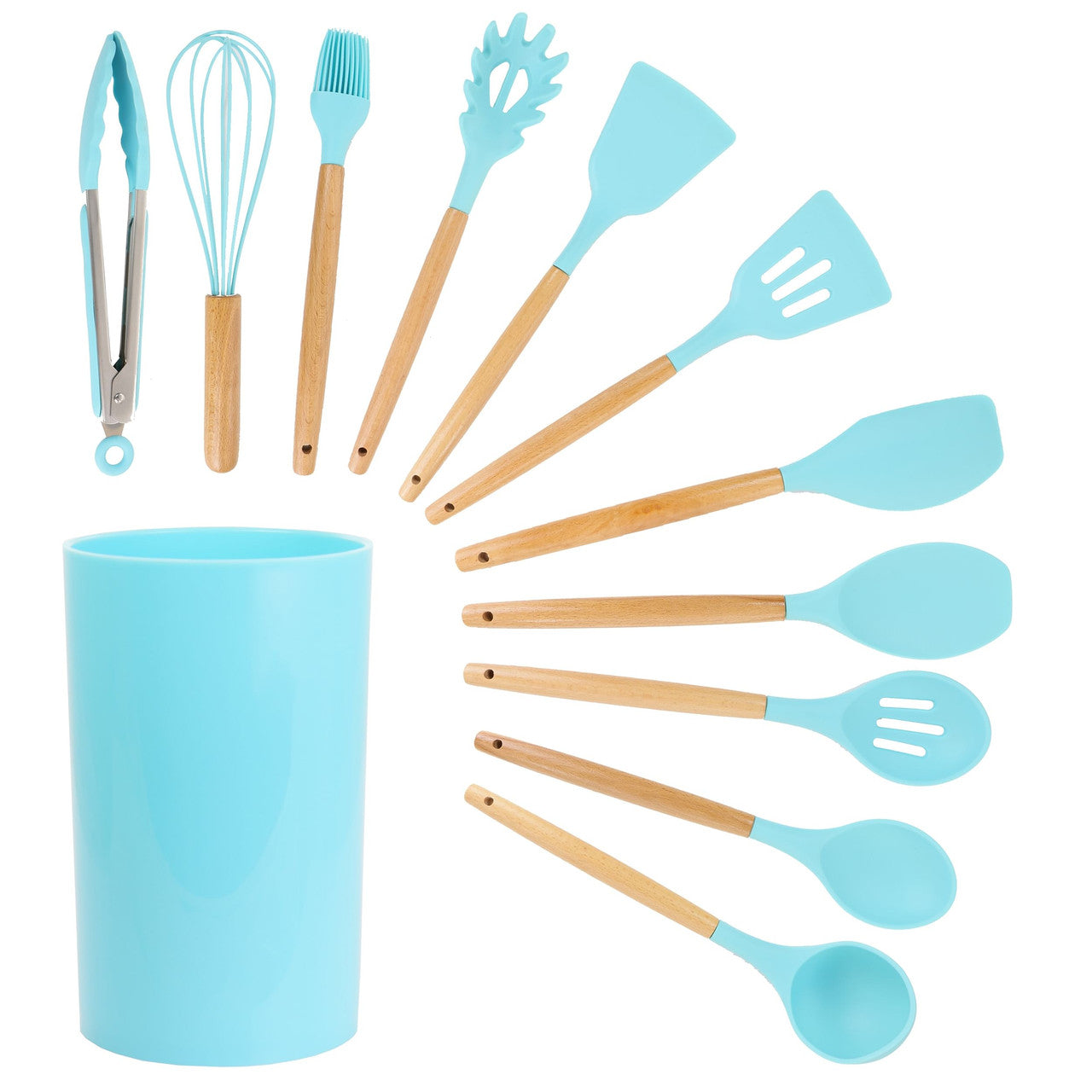 MegaChef Light Teal Silicone and Wood Cooking Utensils, Set of 12-0