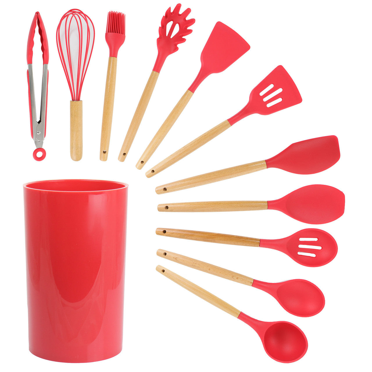 MegaChef Red Silicone and Wood Cooking Utensils, Set of 12-0