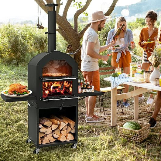 Outdoor Pizza Oven with Protective Cover and Grill Racks and Built-in Thermometer-0