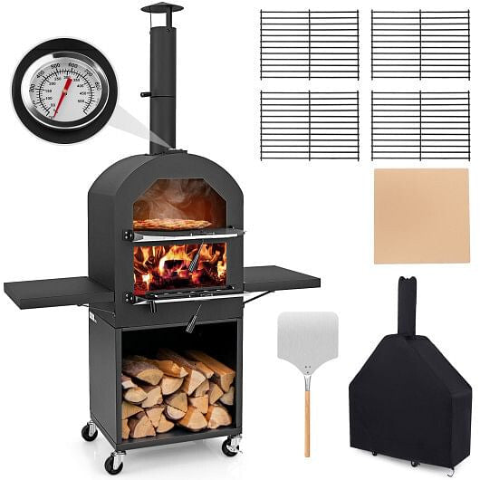 Outdoor Pizza Oven with Protective Cover and Grill Racks and Built-in Thermometer-1