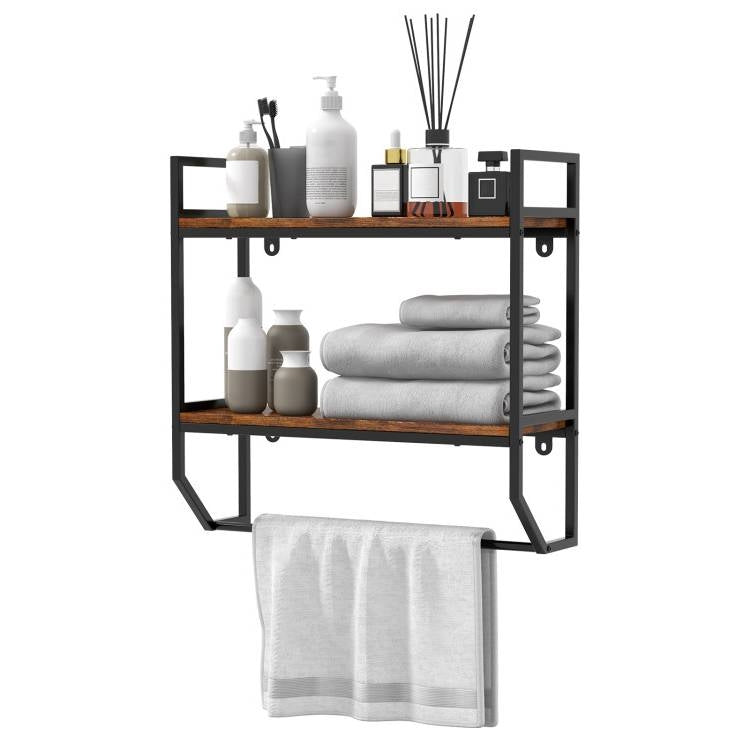 Wall Mounted Over Toilet 2-Shelf Bathroom Shelving Unit with Towel Bar-0