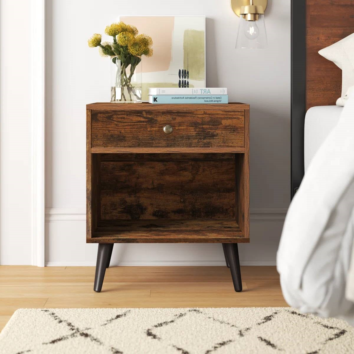 Mid-Century Farmhouse Bedroom 1-Drawer Nightstand End Table with Open Shelf-0