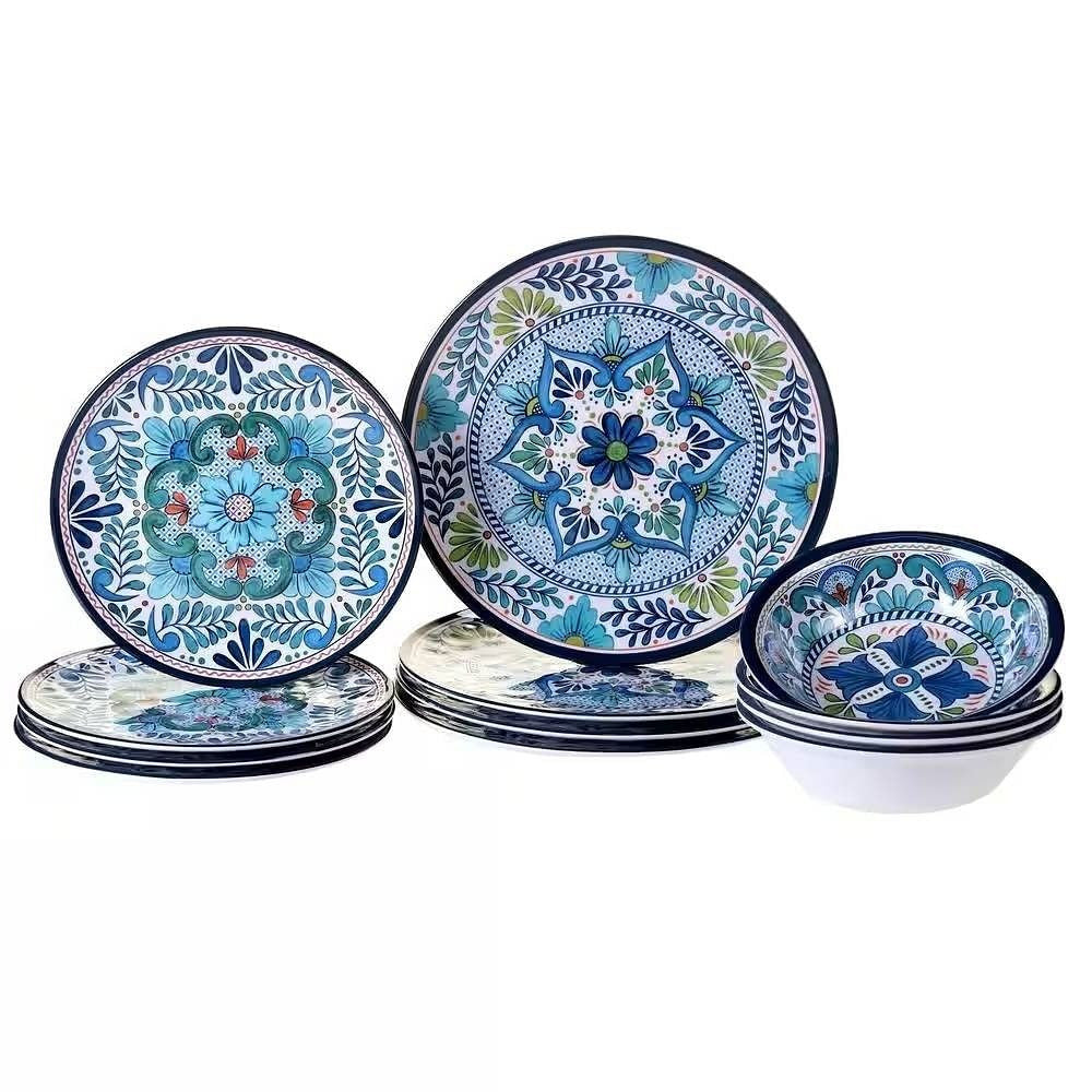 12-Piece Melamine Dinnerware Plates Bowls Set with Blue Floral Pattern-2