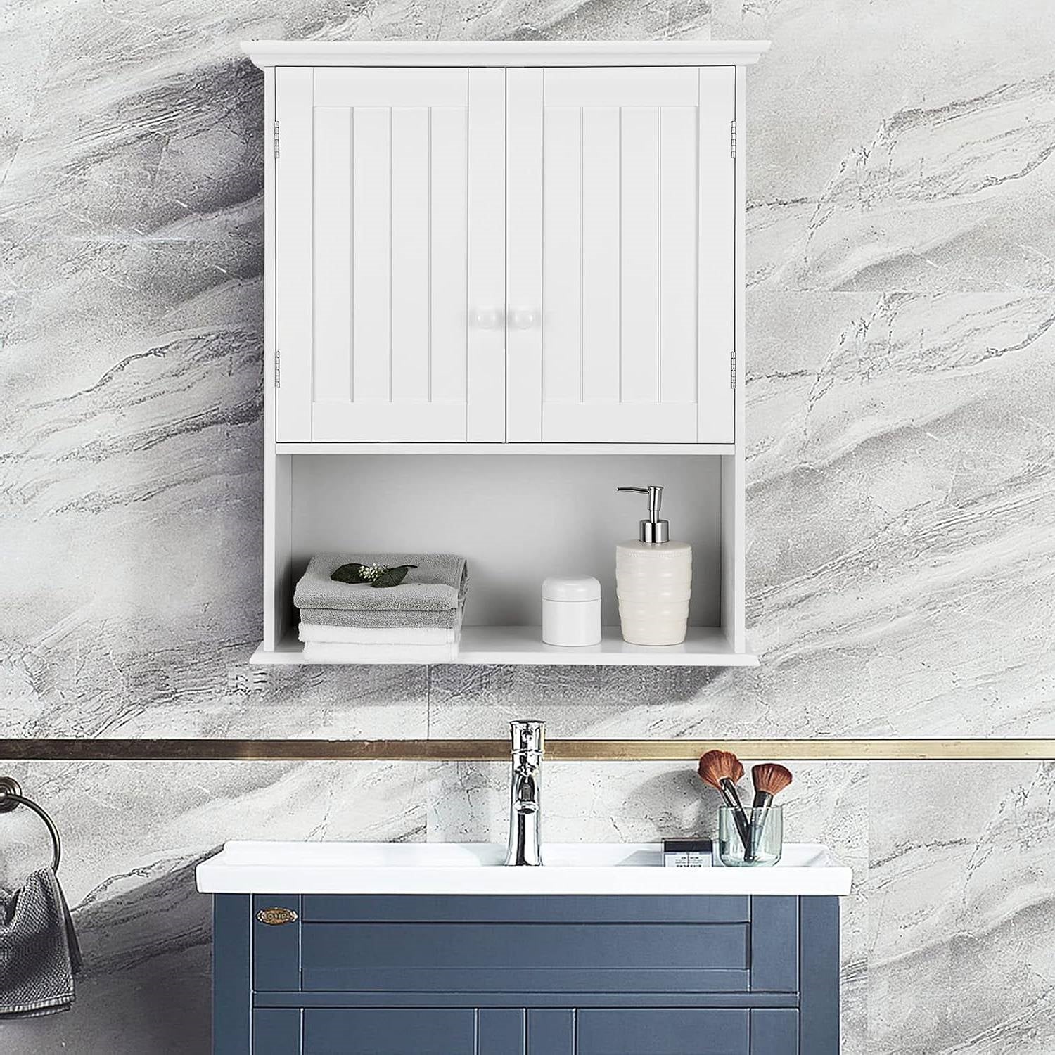 Bathroom Wall Mount Medicine Cabinet with Open Storage Shelf in White-2