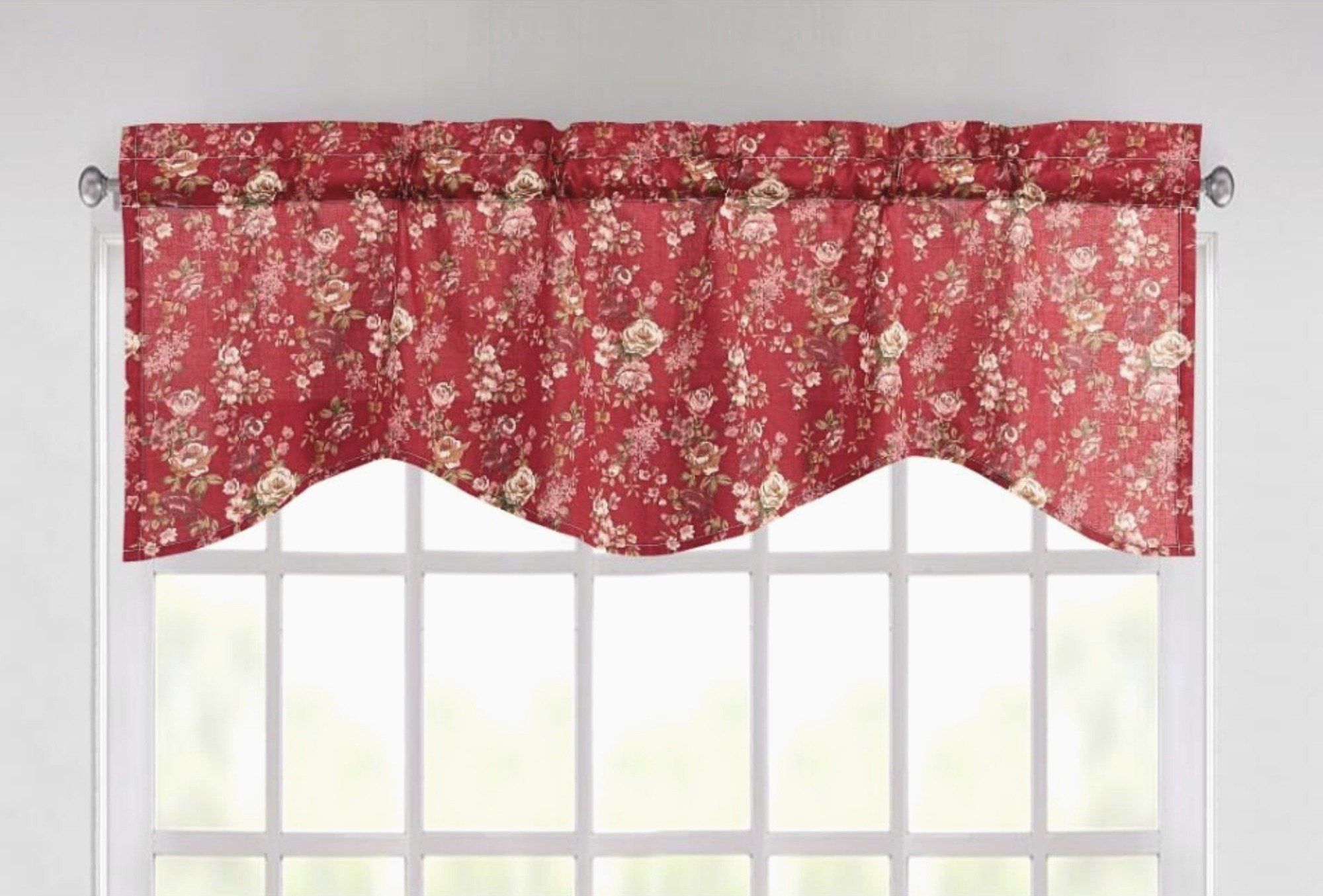 Tache Cotton Burgundy Floral Sheer Scalloped Window Treatment Fairy Tale Tea Party Valance (DXJ103443)-0
