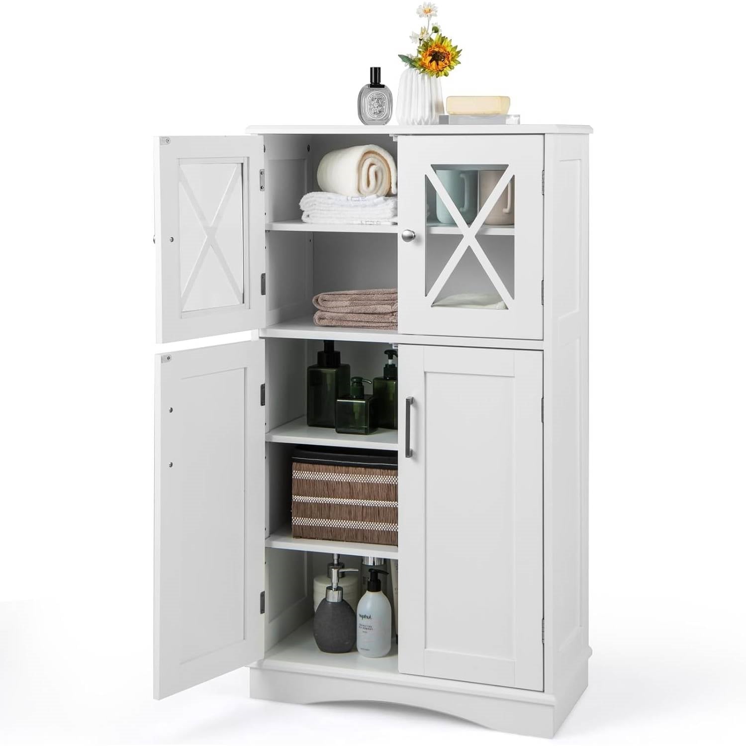 White Bathroom Towel Linen Cabinet with Glass Doors and Storage Shelves-0