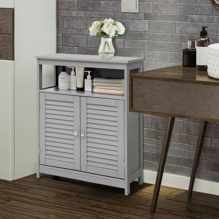Grey Farmhouse Bathroom Linen Cabinet with Louvered Doors and Open Shelf-2