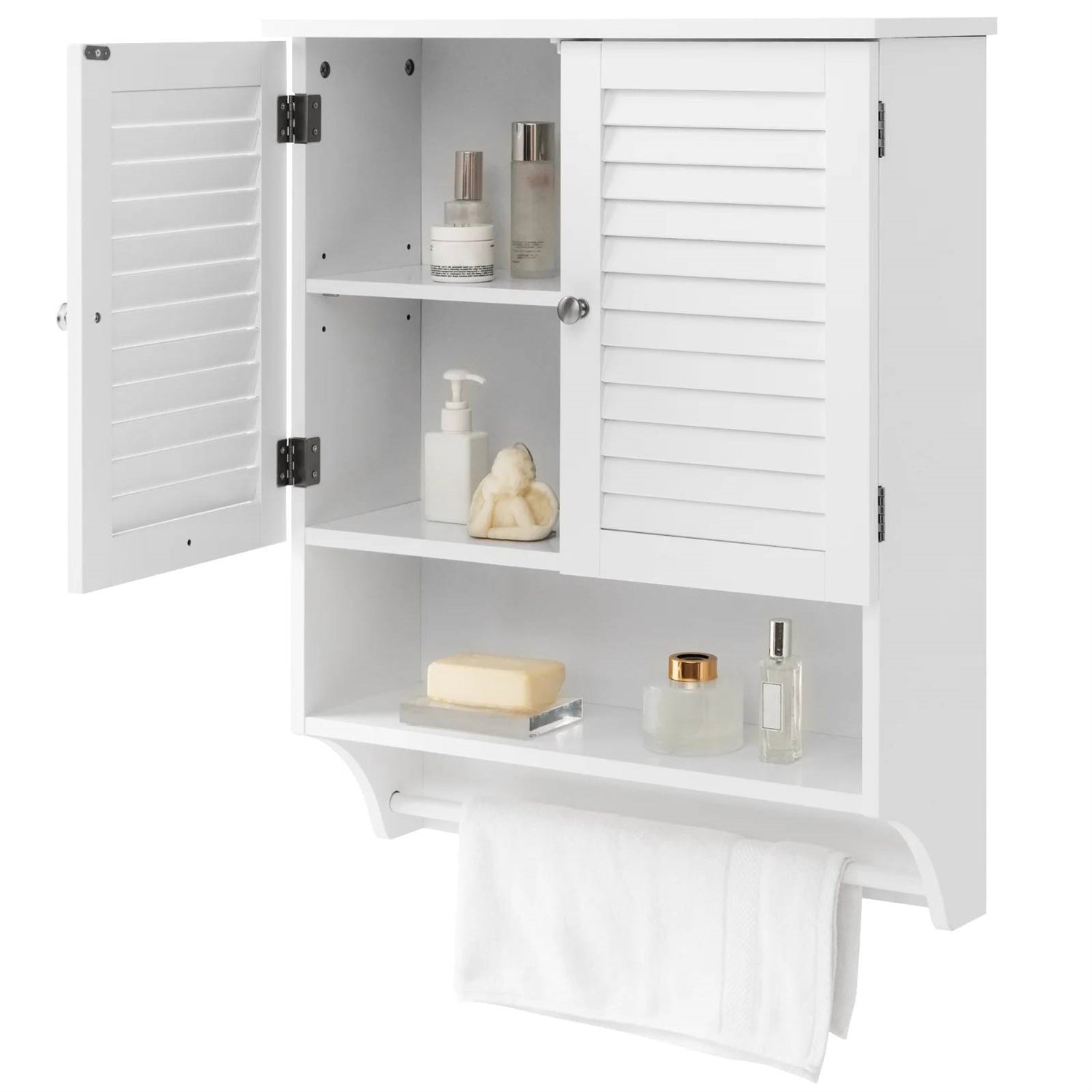 White Wall-Mounted Bathroom Storage Medicine Cabinet with Louver Doors-1