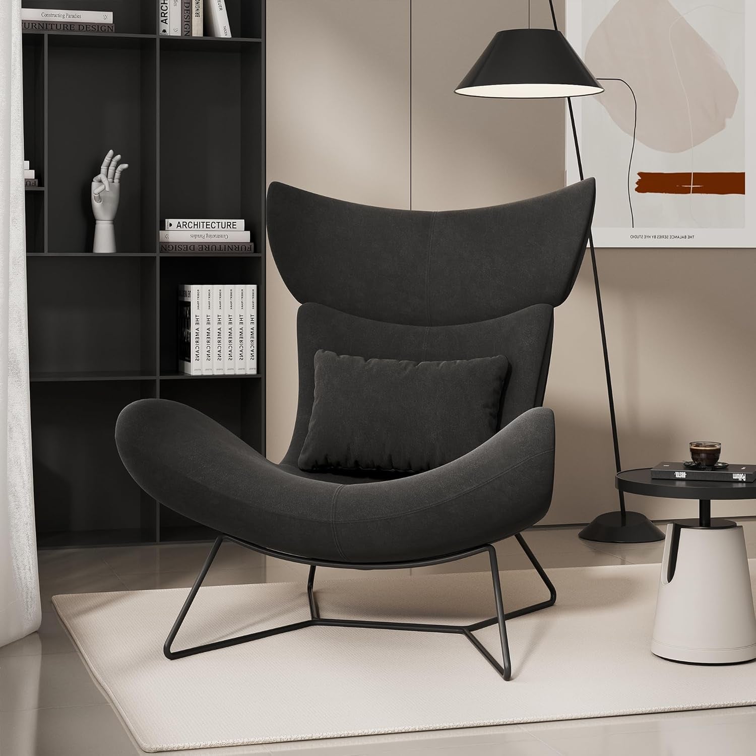 Beige Velvet Wingback Accent Chair Mid Century Modern-2