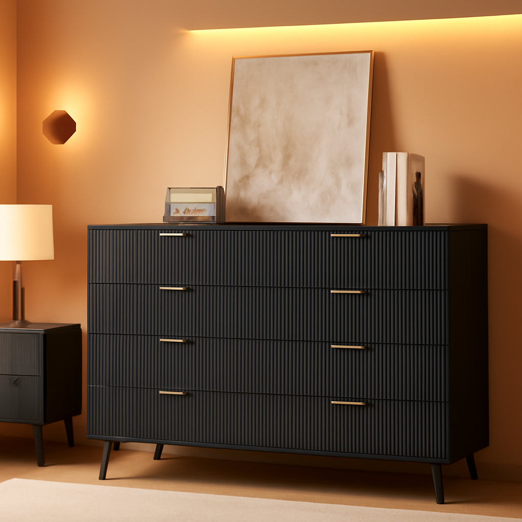 Fluted Nine Drawer Dresser FiftyFiveInch MatteBlack Organizer-0