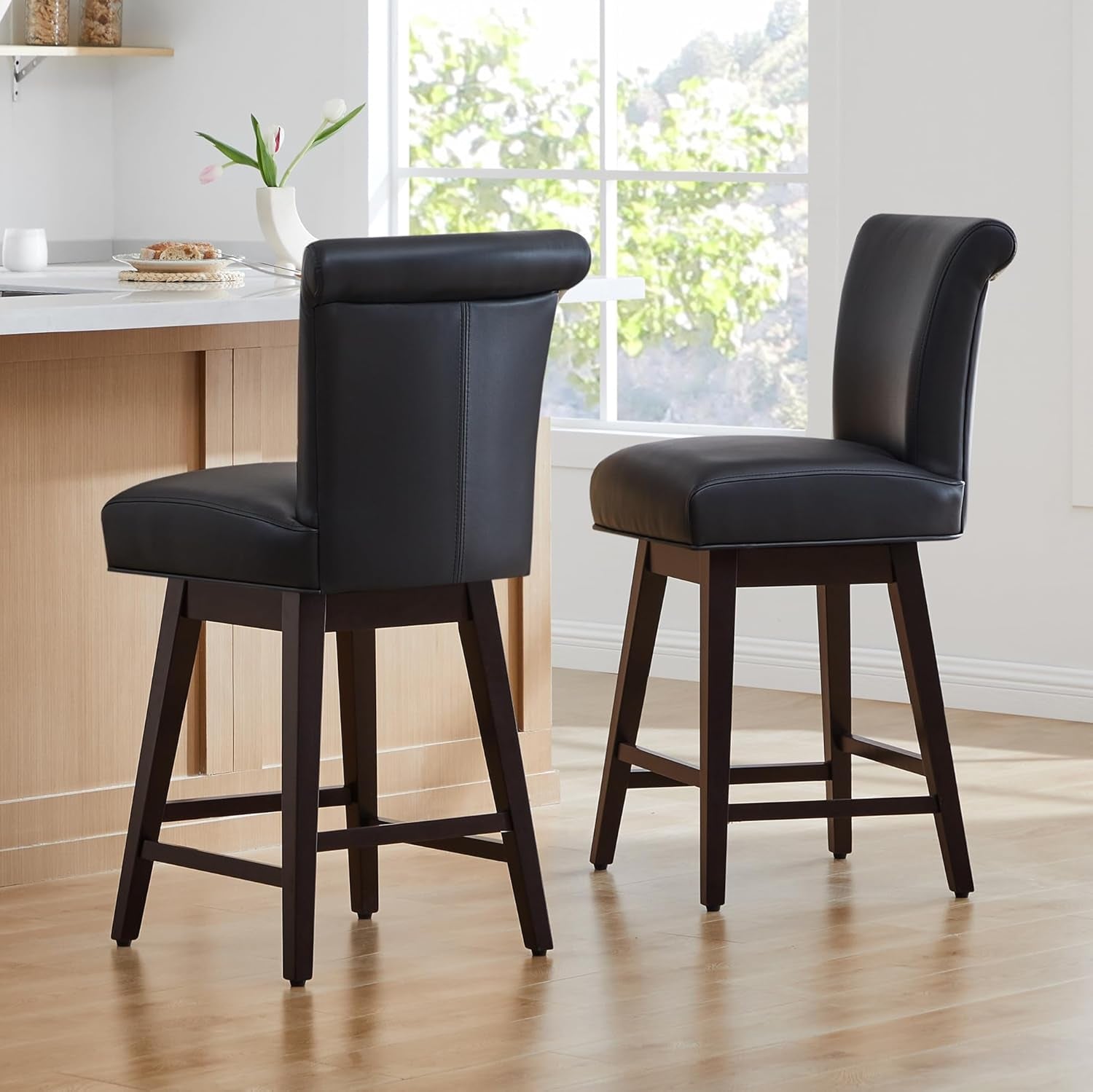 30 Inch Counter Height Swivel Bar Stools Set of 2, FSC Certified Modern Upholstered Faux Leather Swivel Barstool Chairs with Back, Black-1