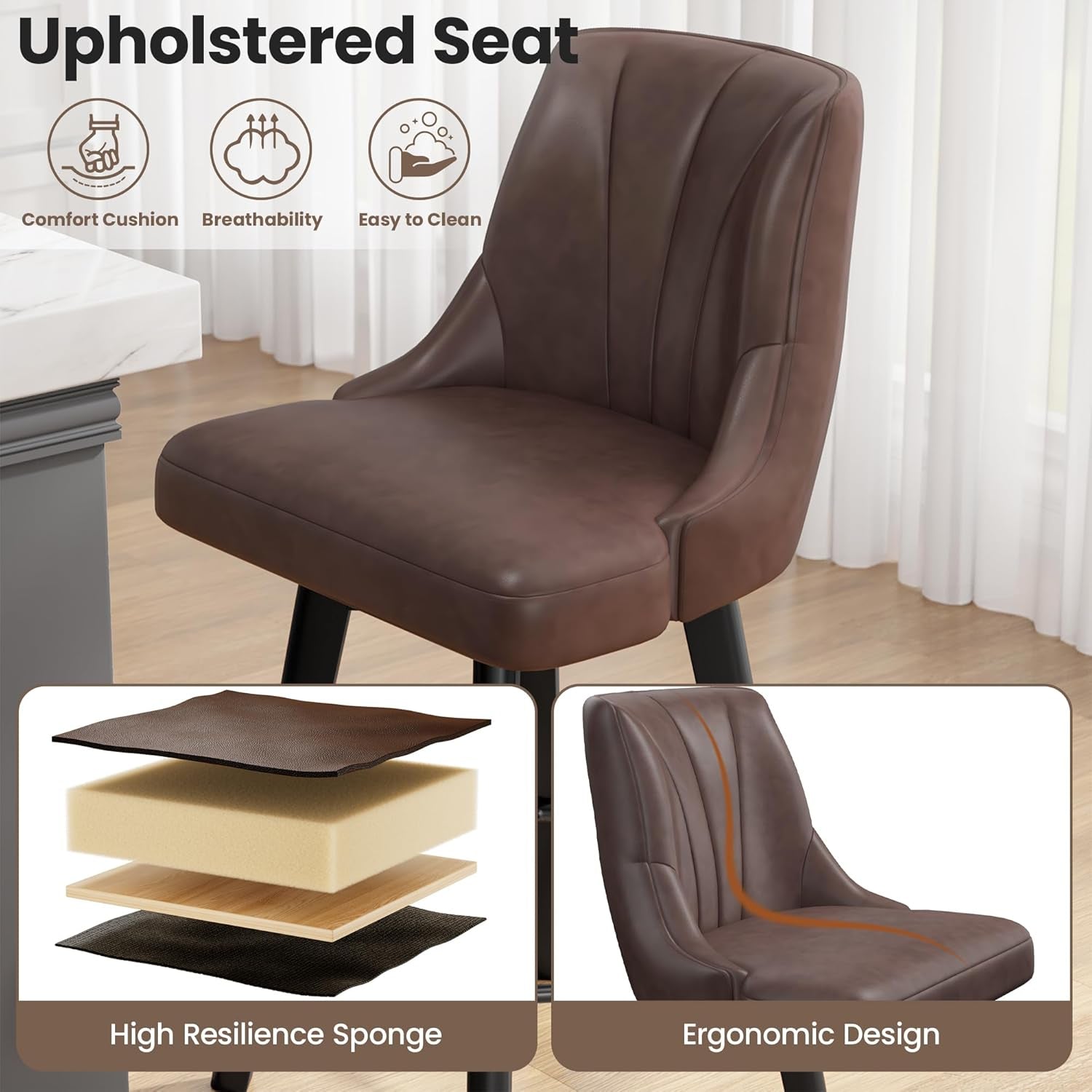 Counter Height Swivel Bar Stool, 24" Upholstered PU Leather Barstools Set of 3, Counter Stool Chair with Back & Solid Wood Legs for Kitchen Island Dining Room (Brown)-2