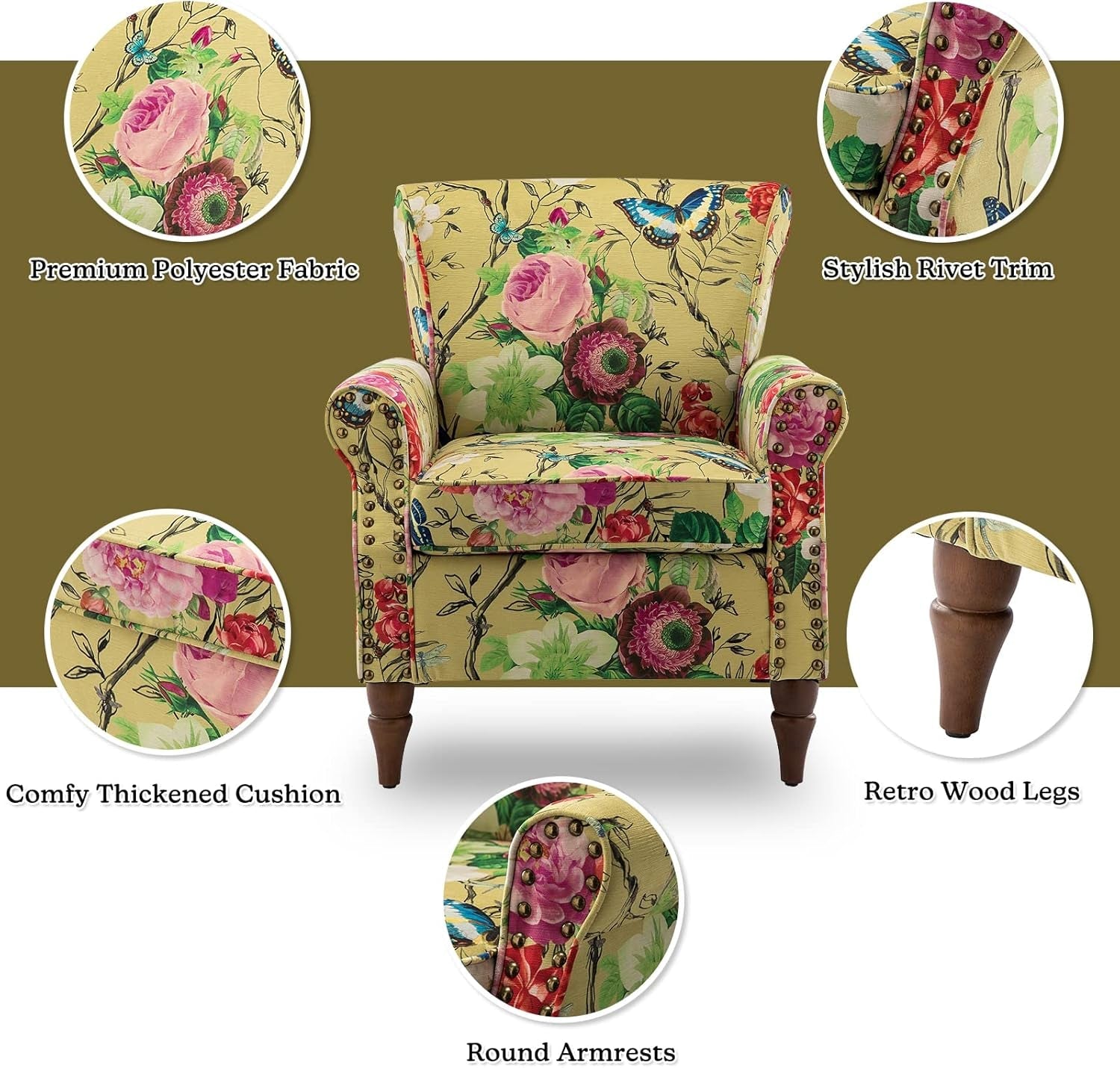 Mustard Floral Wingback Accent Chair With Wood Legs-3