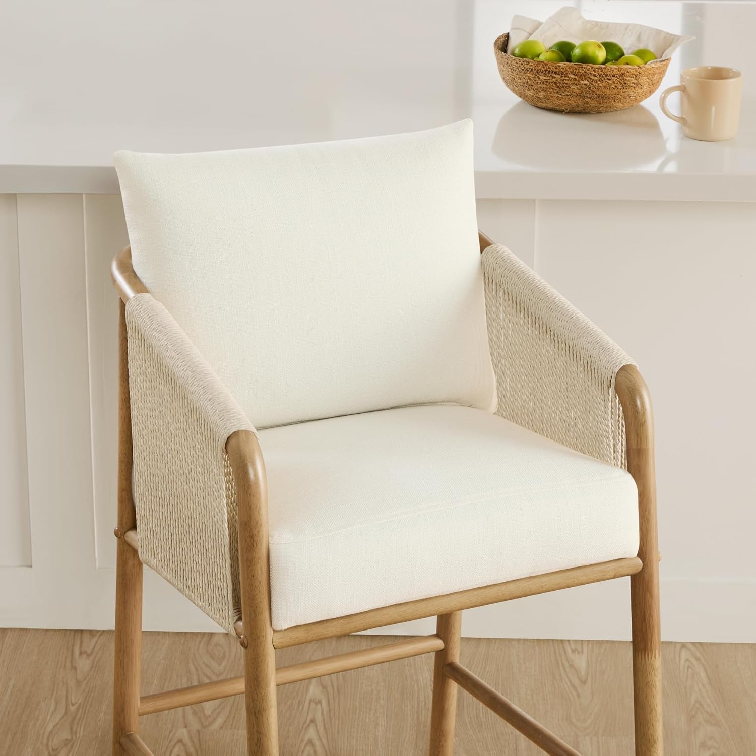 Paper Cord Braid Counter Height Barstools Set of 2, Fabric Upholstered Woven Rope Counter Stools with Back and Armrest for Kitchen Island Home Bar, 27" Seat Height, Cream-4