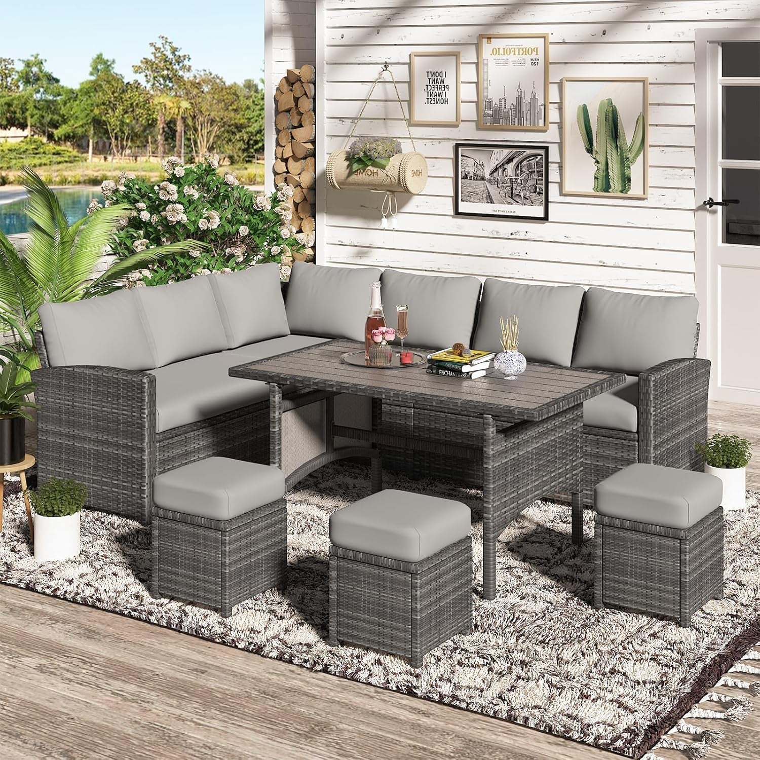 7 Piece Outdoor Patio Sectional Set All Weather Wicker Grey Cushions-2