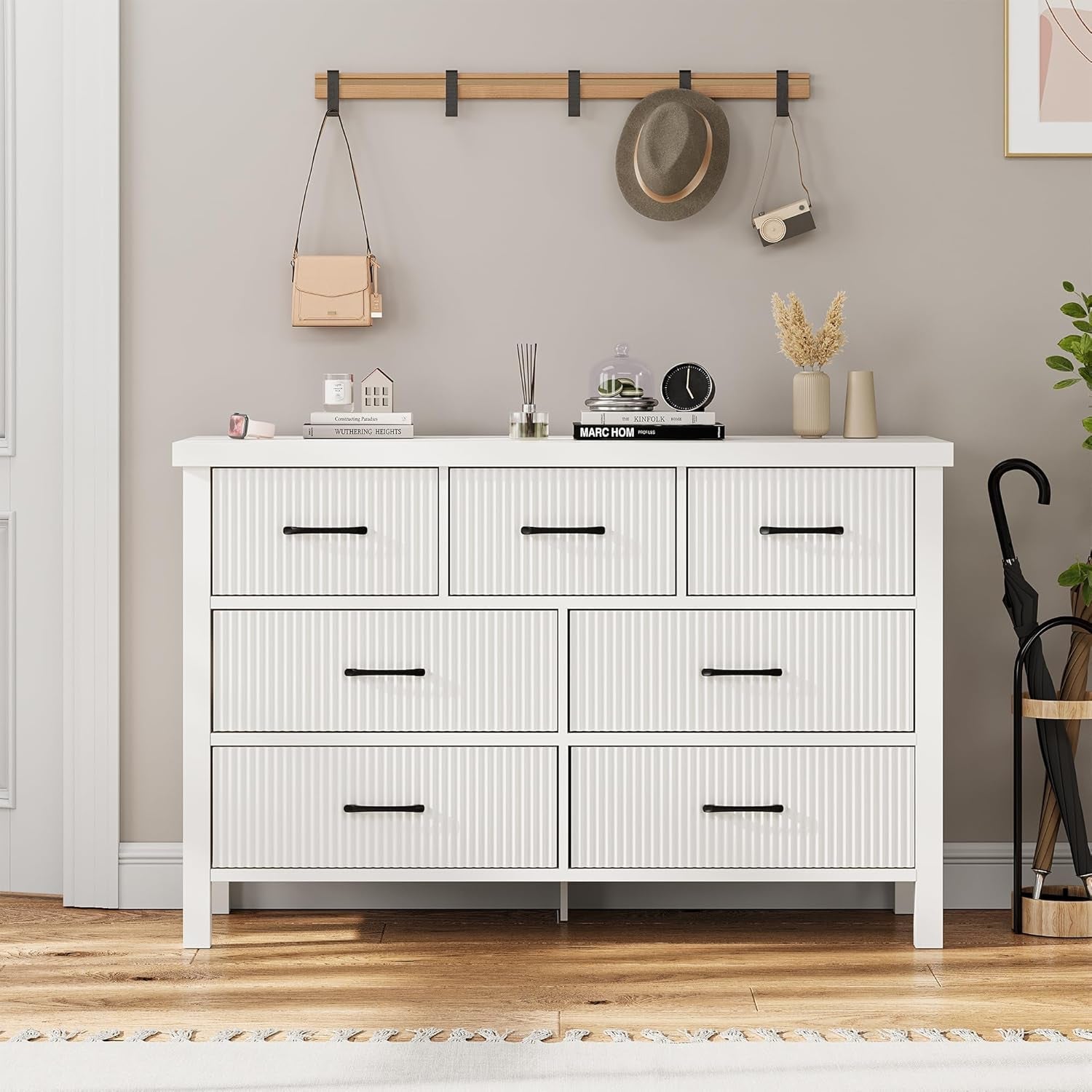 White Dresser 7 Drawer Dresser for Bedroom, Modern Fluted Dresser with Solid Wood Legs, Long Double Wooden Dresser Large Chest of Drawers for Living Room, Entryway, Hallway (White Fluted)-4