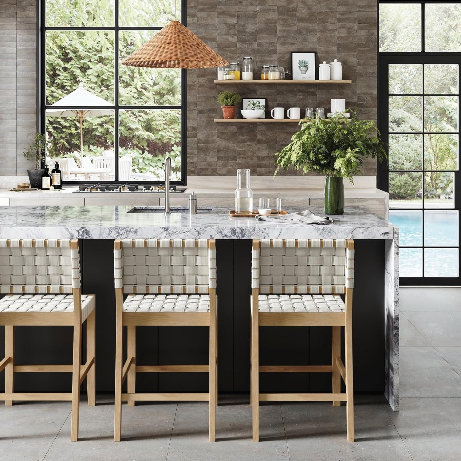 Cohen Mid Century Modern Bar Stool, Upholstered Faux Leather Counter Stool with Back and Solid Wood Legs, off White