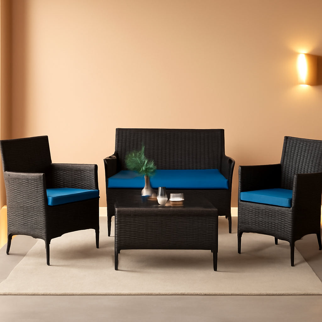 Peacock Blue 4 Piece Rattan Patio Furniture Set With Sectional Sofa-0