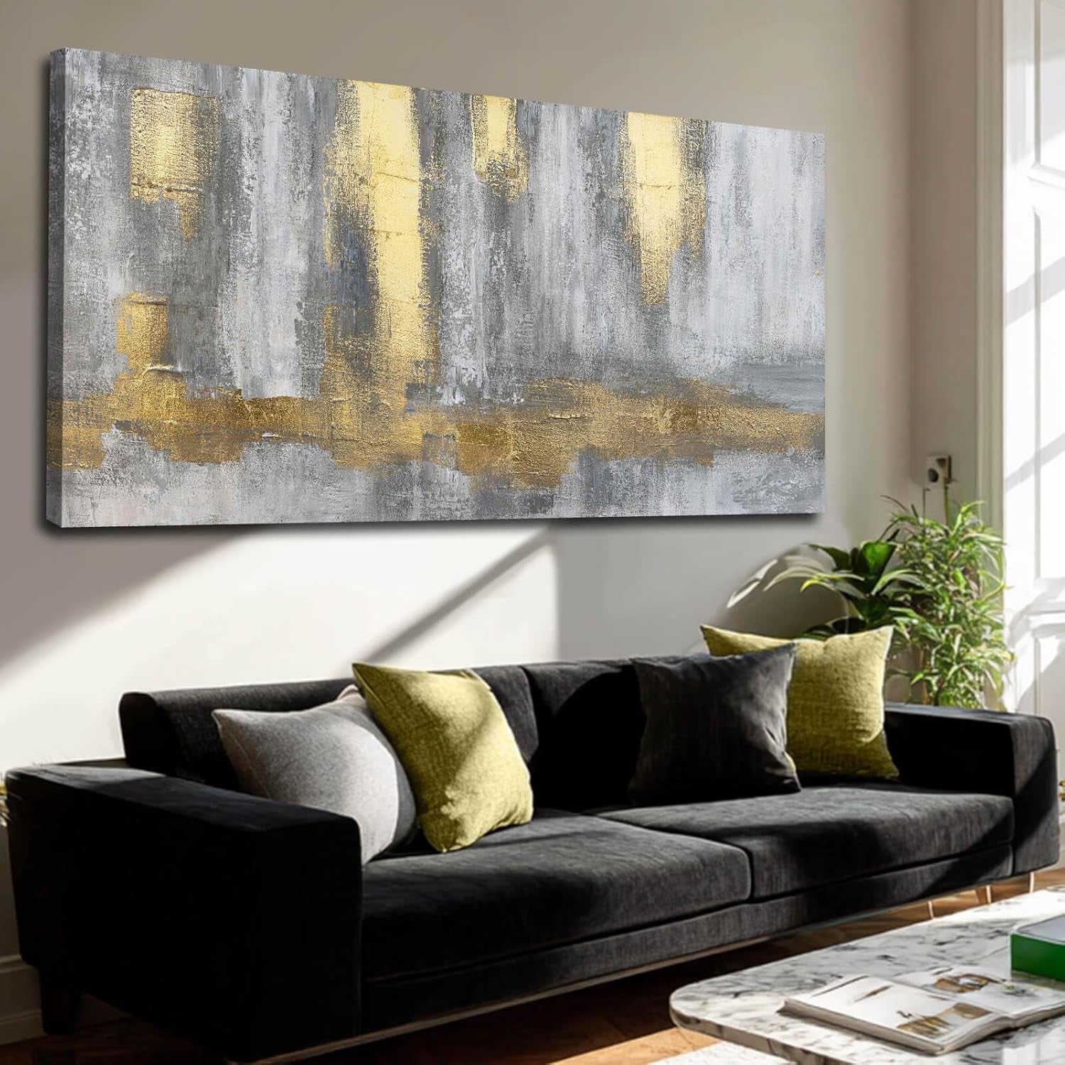 Gold Velvet Textured Canvas Wall Art 24x48 Inches Display-2