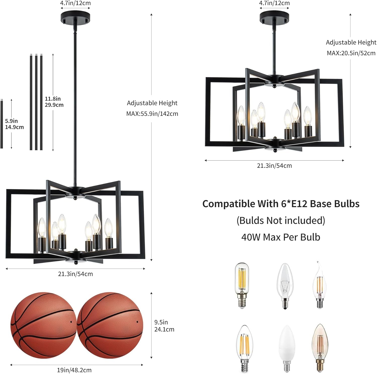 Black 6 Light Adjustable Pendant Chandelier For Dining Room-3