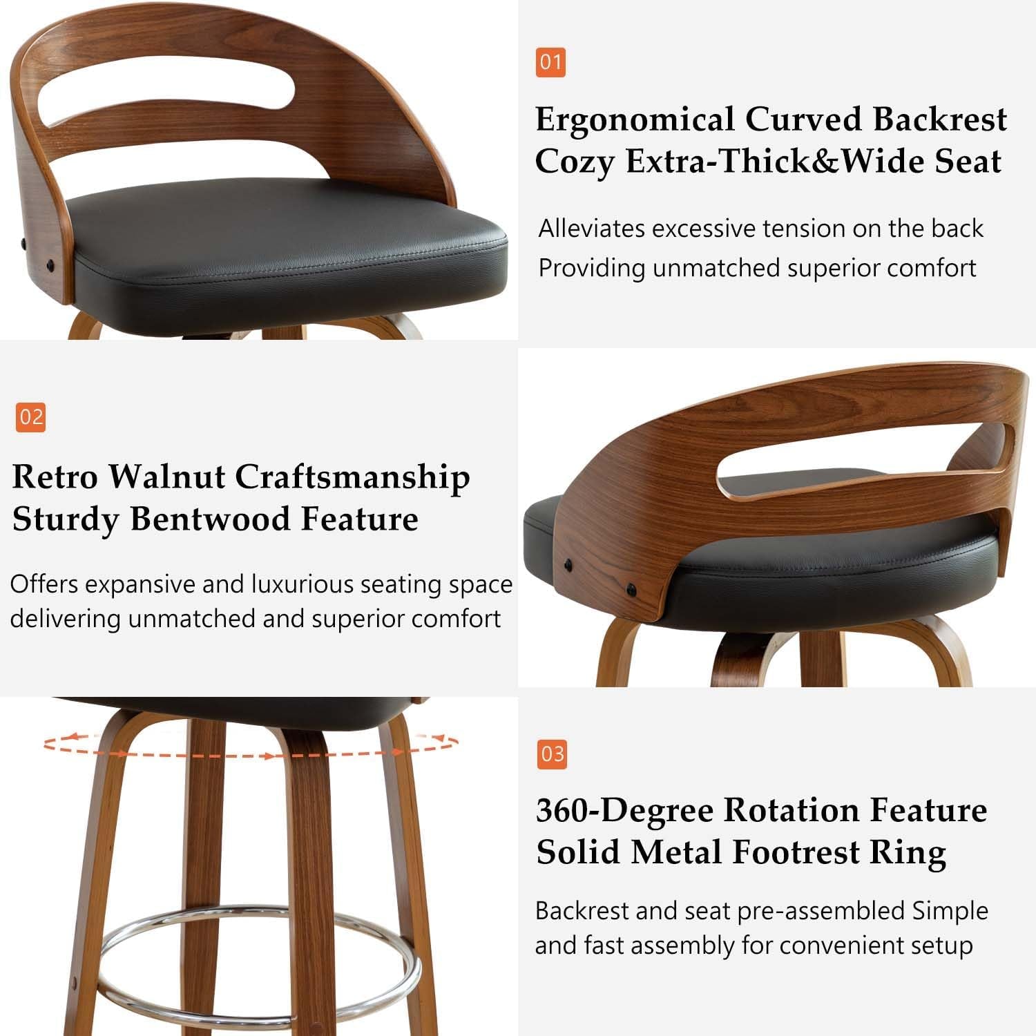 Bar Stools Set of 2, Swivel Bar Stools with Walnut Craftsmanship, Bentwood Curved Back, Upholstered Faux Leather, Soft Cushion Seat, Mid Century Barstools for Bar/Pub/Cafe (Black, 30" Seat Height)-2