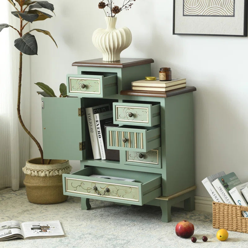 Farmhouse Sage Green Cabinet With Five Drawers Door-1