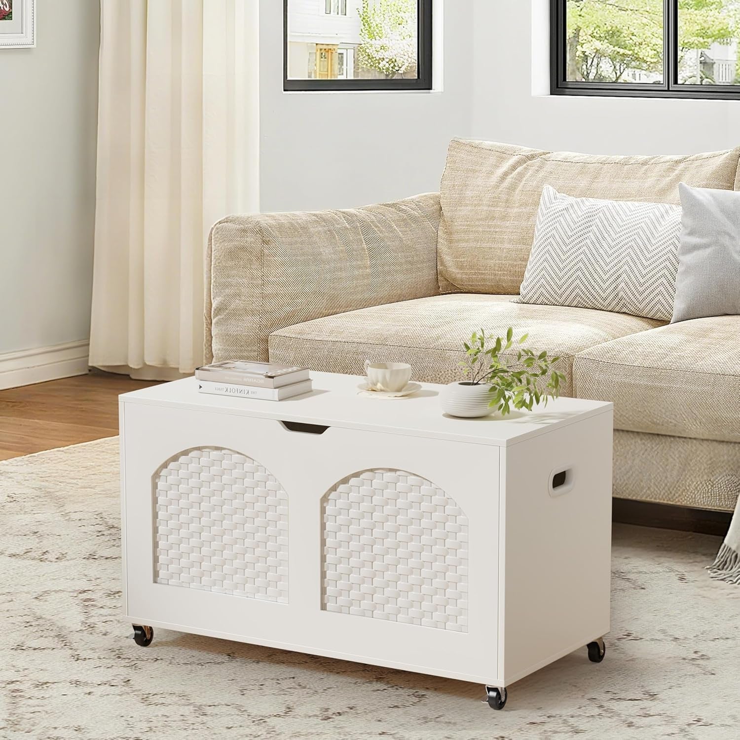 White Wooden Storage Bench On Wheels-4