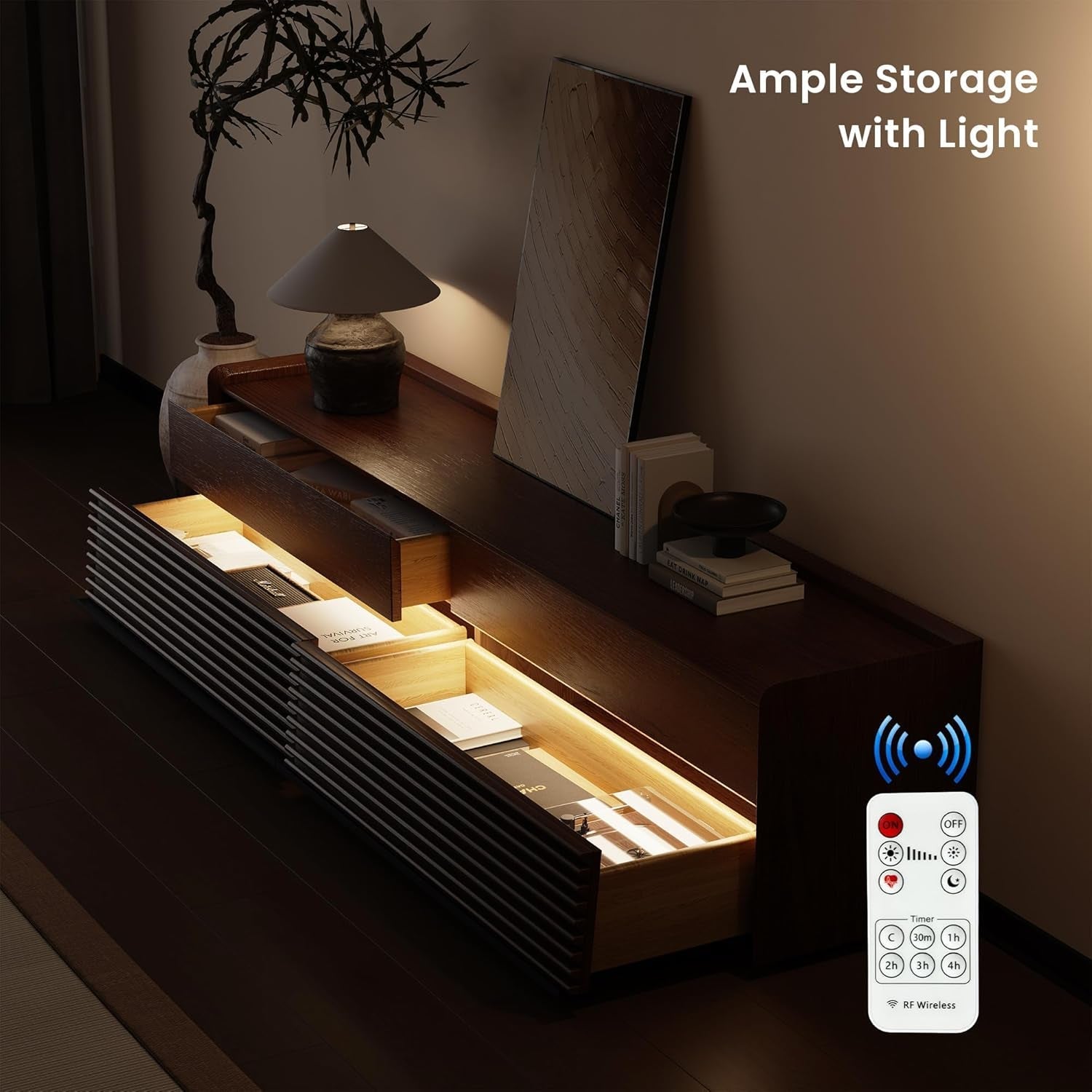 Mid Century Modern TV Stand, 78.74" Entertainment Center with LED Light, Walnut Solid Wood TV Console for Living Room, TV Stand with Storage-3