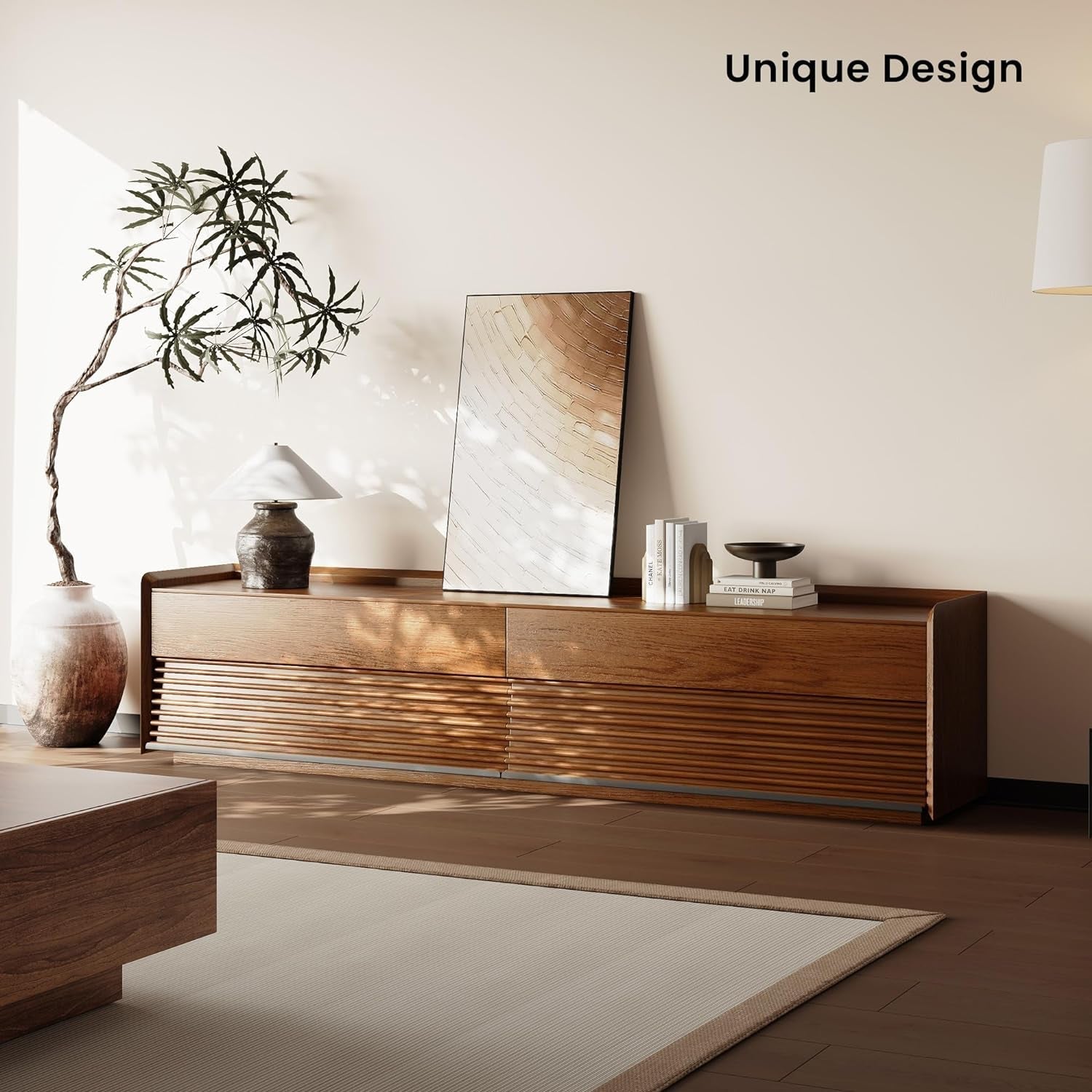 Mid Century Modern TV Stand, 78.74" Entertainment Center with LED Light, Walnut Solid Wood TV Console for Living Room, TV Stand with Storage-2