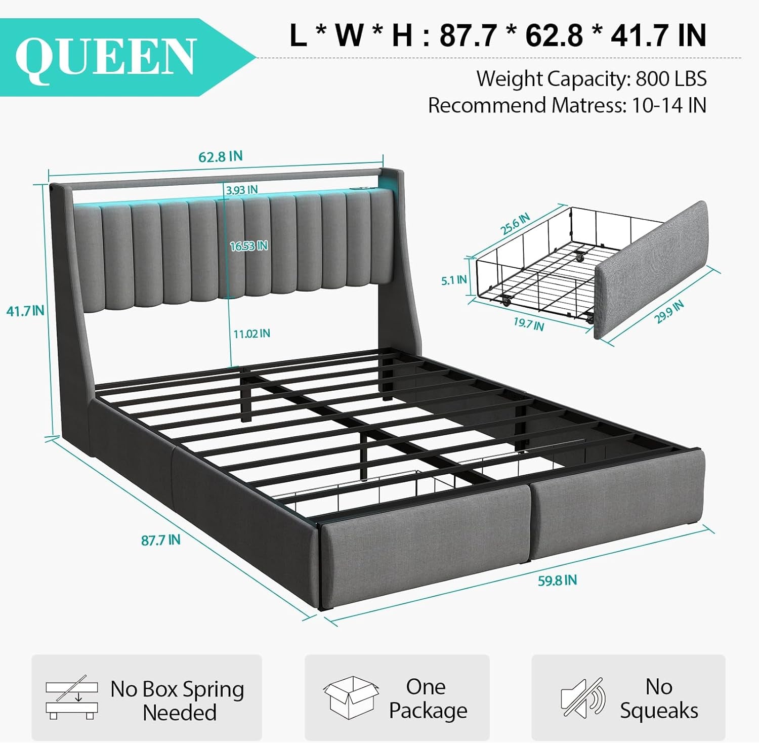 Queen Bed Frame with 2 Storage Drawers, Platform Bed Frame Queen Size with LED Light, Upholstered Headboard, Charging Station, Steel Slat Support, No Box Spring Needed, Noise-Free, Easy Assembly, Gray-1