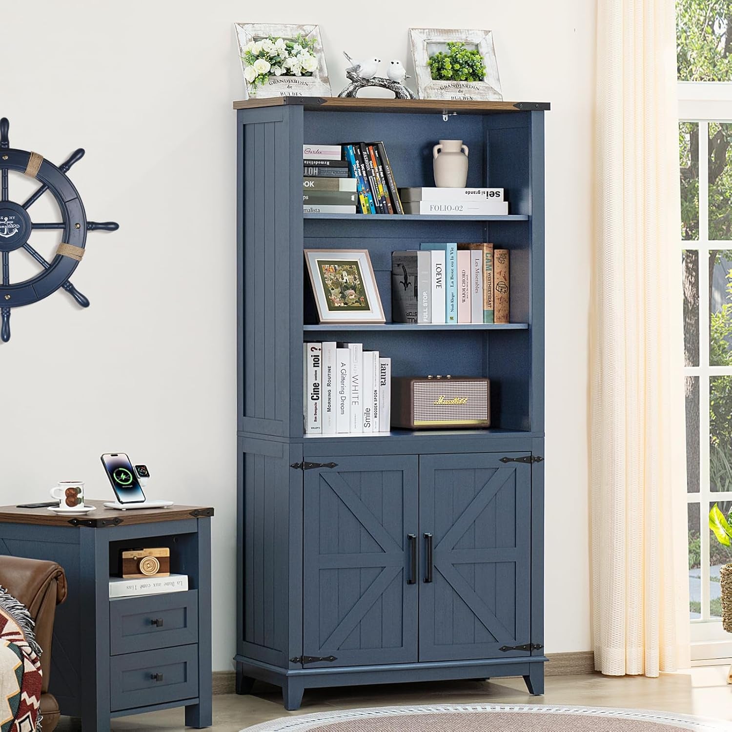 Blue 70In Tall Farmhouse Bookcase Adjustable Shelves-3