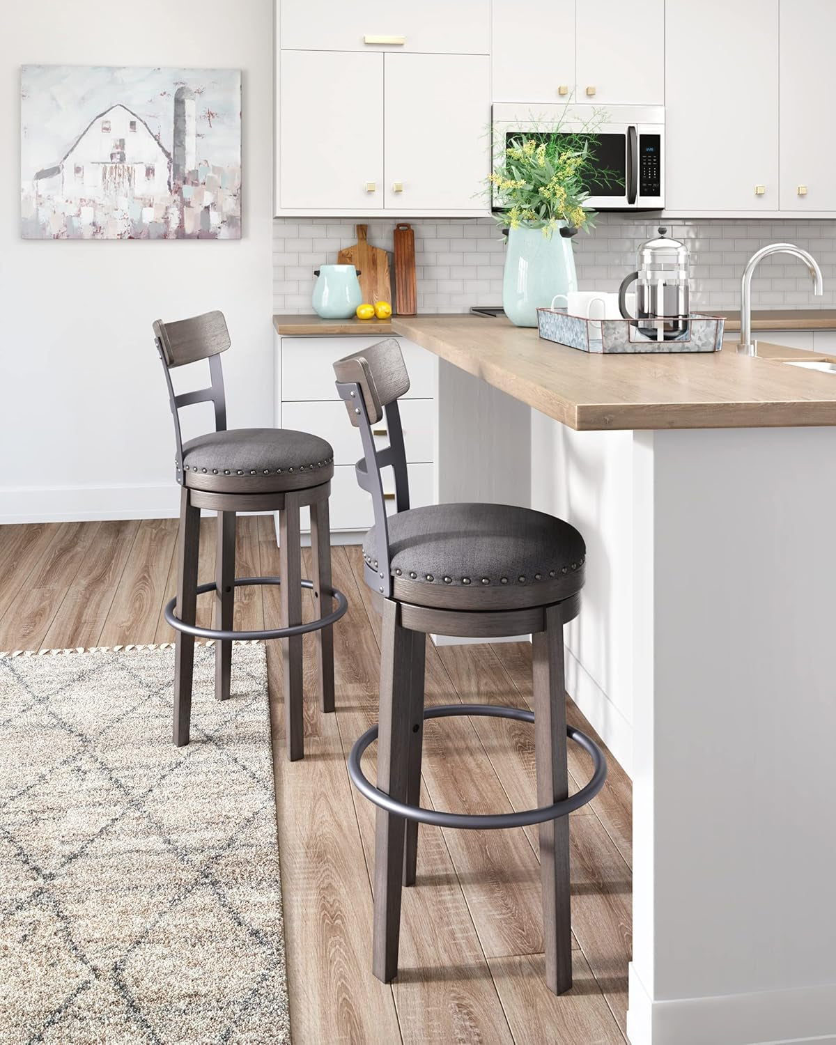 30 Inch Gray Upholstered Swivel Farmhouse Bar Stool-1