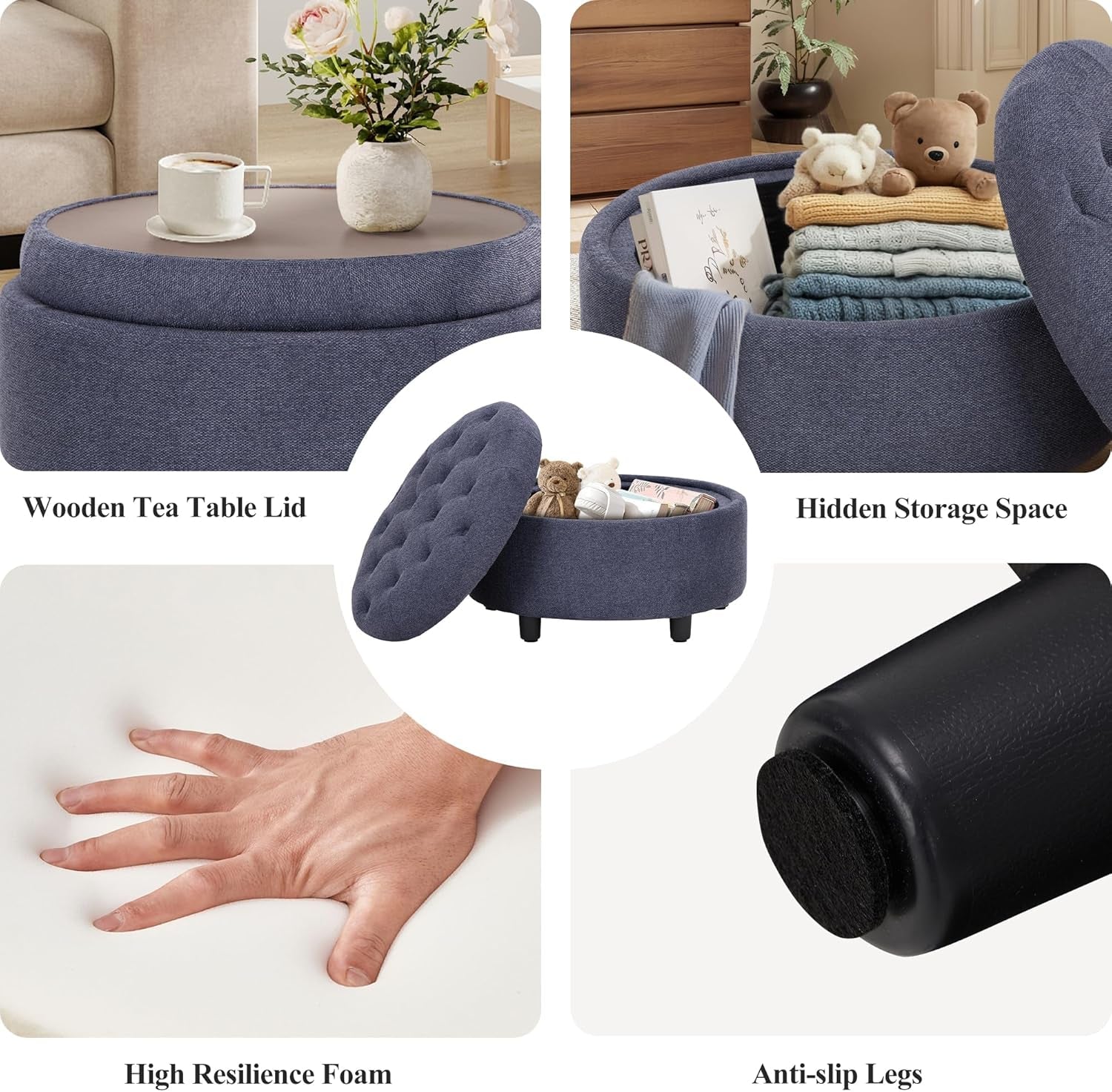 Blue Upholstered Circular Storage Ottoman With Tray-3
