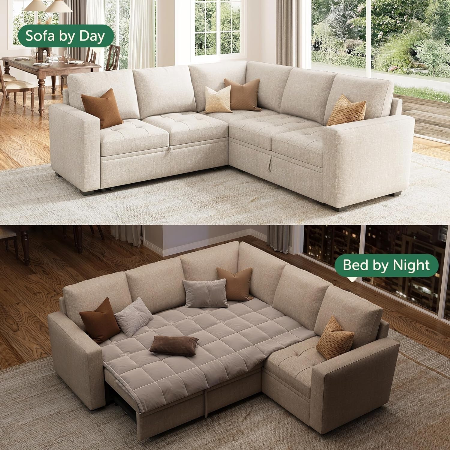 Beige Modular Sleeper Sectional Sofa With StorageBin-3