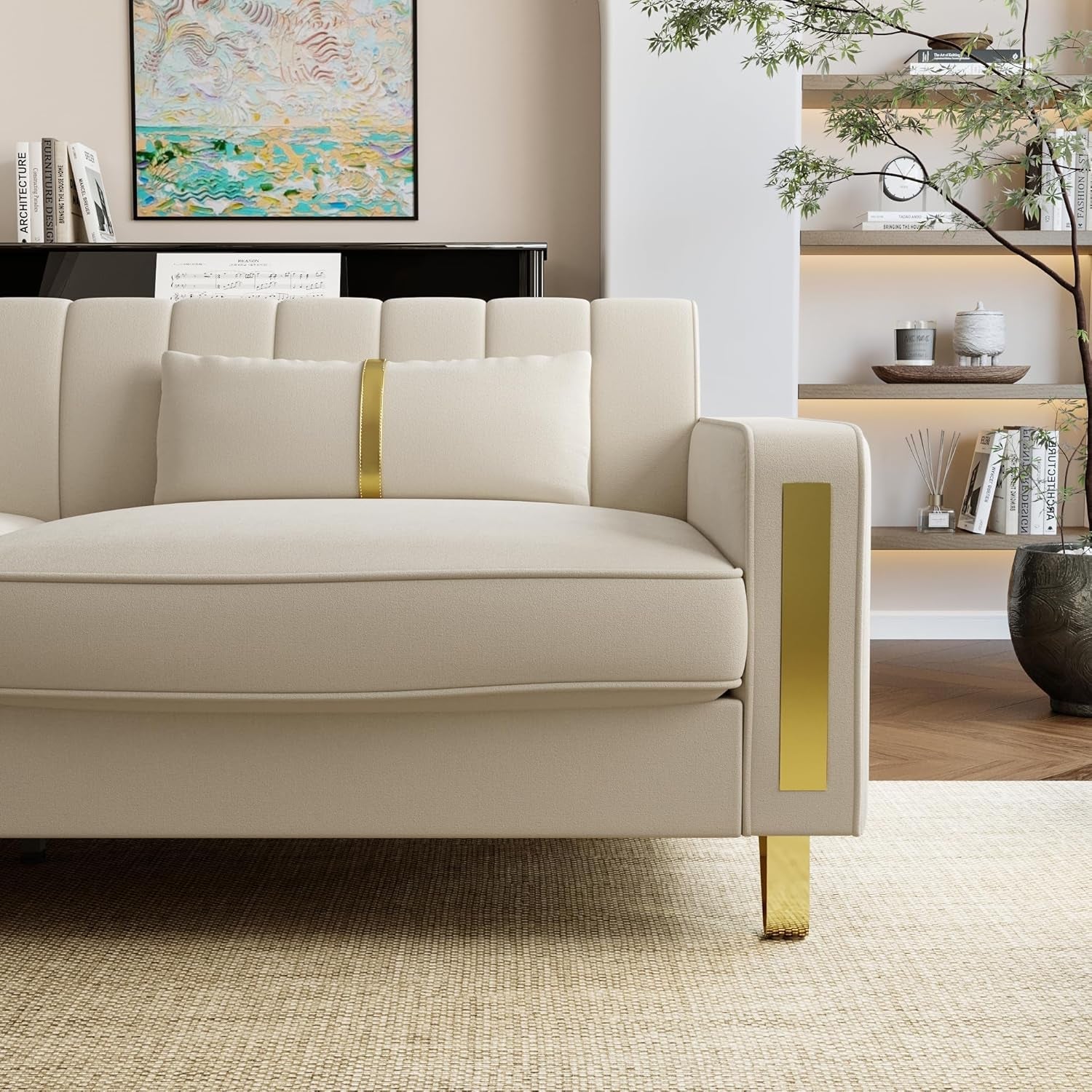 Loveseat Couch for Living Room, 86" Beige Velvet Sofa Couch with 2 Pillows & Gold Metal Legs, Modern Upholstered Sofa Love Seat Sectional Couches for Apartment Home Office-2
