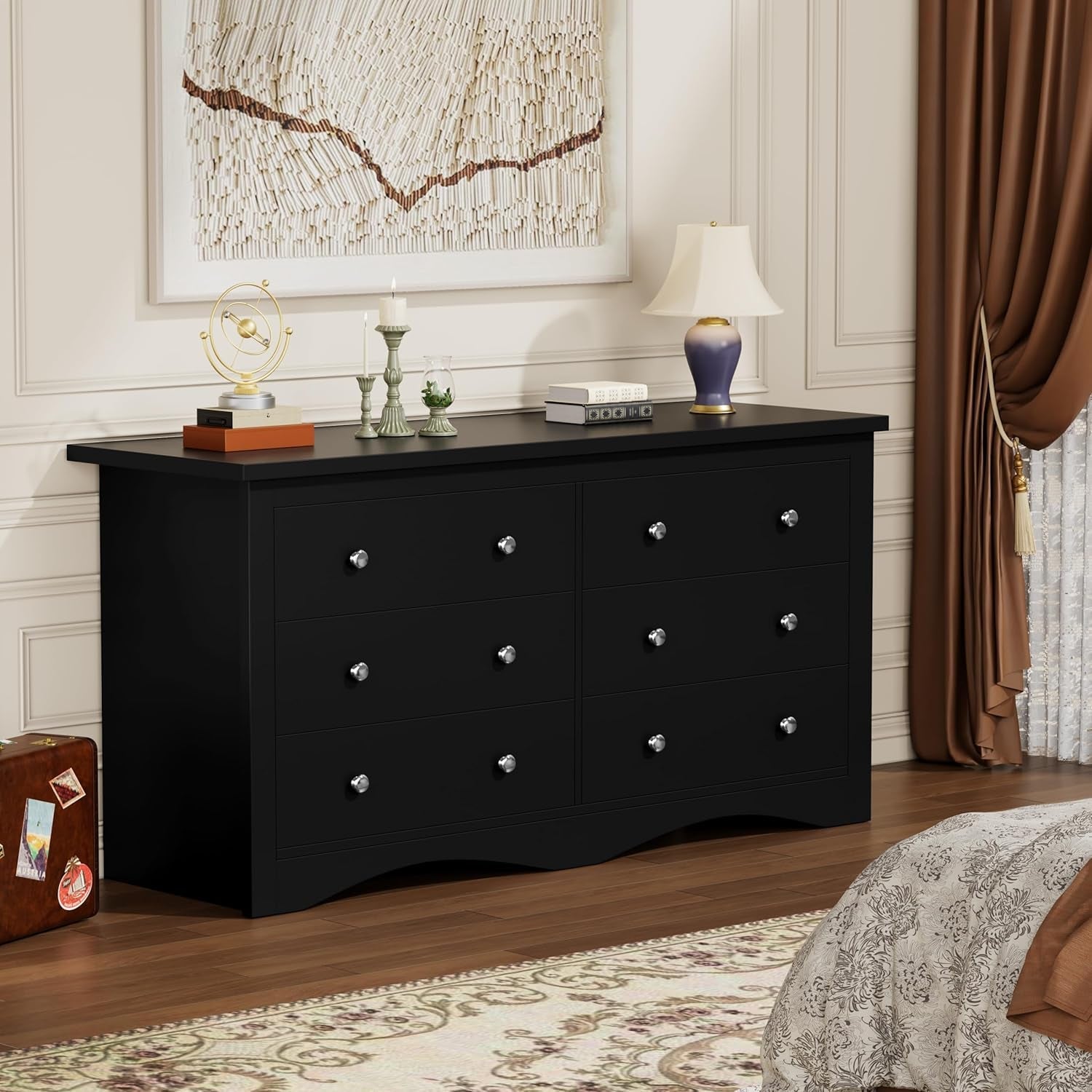 Glossy Black Six Drawer Dresser 52Inch Contemporary Storage-4