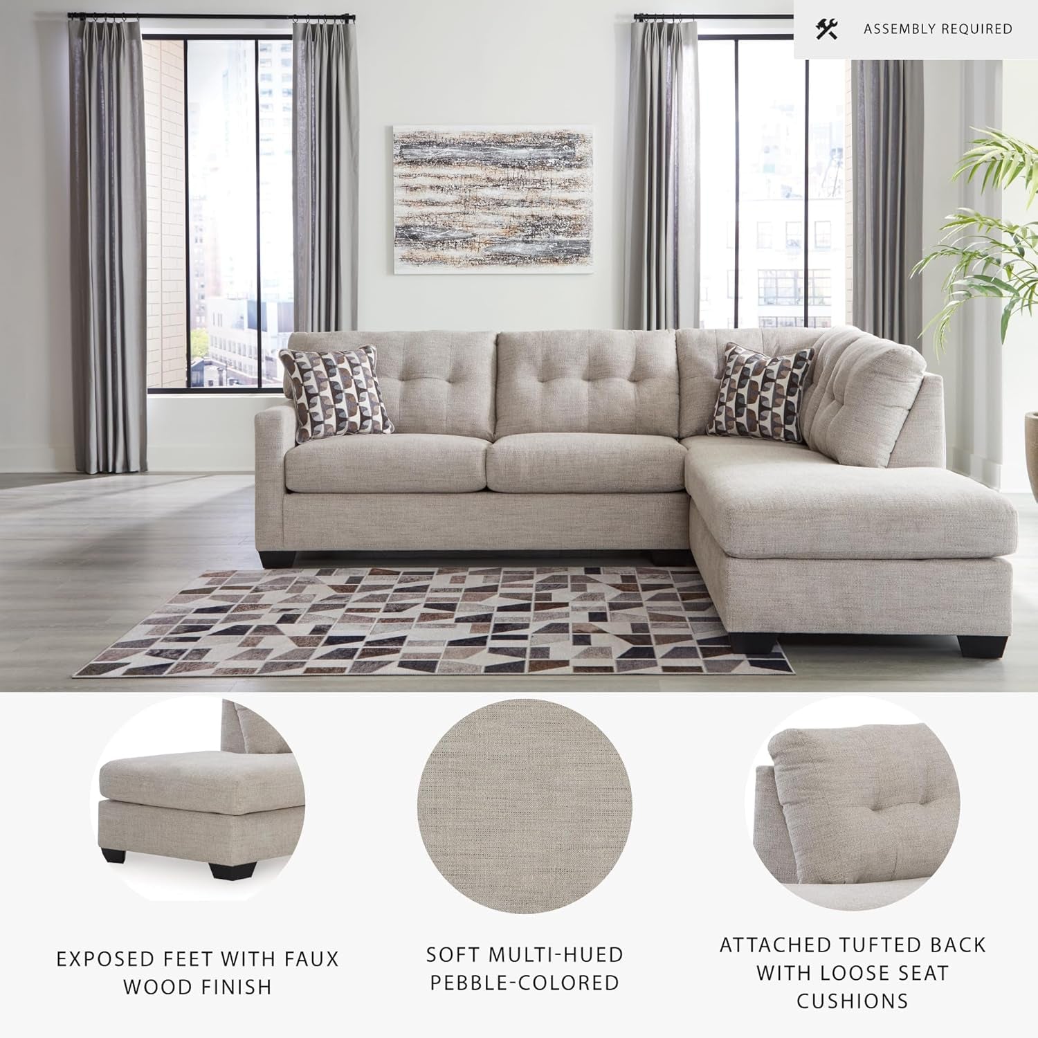 Beige Sleeper Sectional Featuring Chaise Memory Foam-3