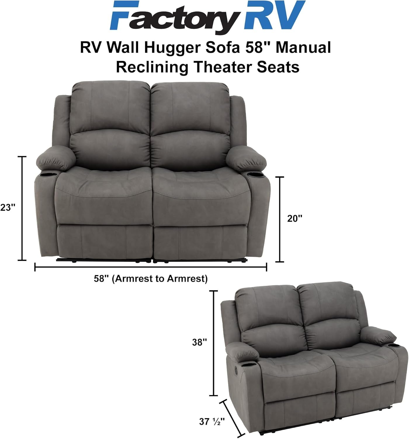 58" Wall Hugger Reclining RV Theater Seats | Double Recliner RV Sofa | RV Couch | Wall Hugger Recliner | RV Theater Seating | RV Furniture (Manual, Slate)-1