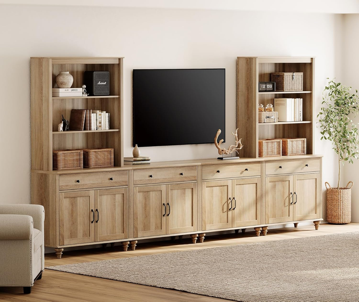 Entertainment Center with Bookshelves for Tvs up to 75", Farmhouse Wall Unit TV Stand with 8 Doors & 4 Drawer, Media Console Table for Living Room, Bedroom & Home Theater, Oak-0