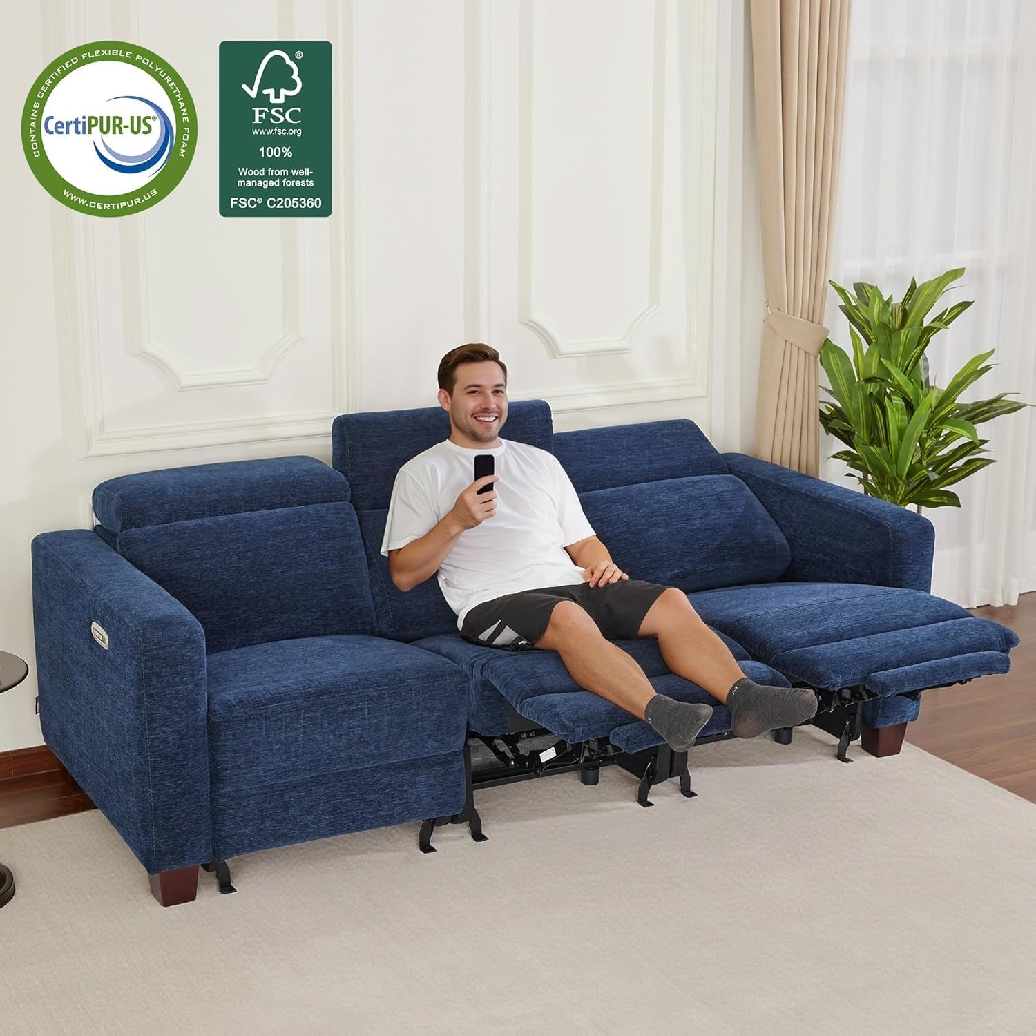 Navy Blue Zero Wall Hugger Power Reclining Sofa USB Ports-1
