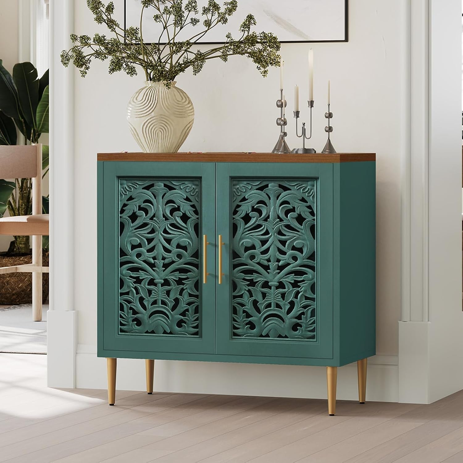 Green Accent Cabinet With 2 Doors Vintage Carved Storage-0