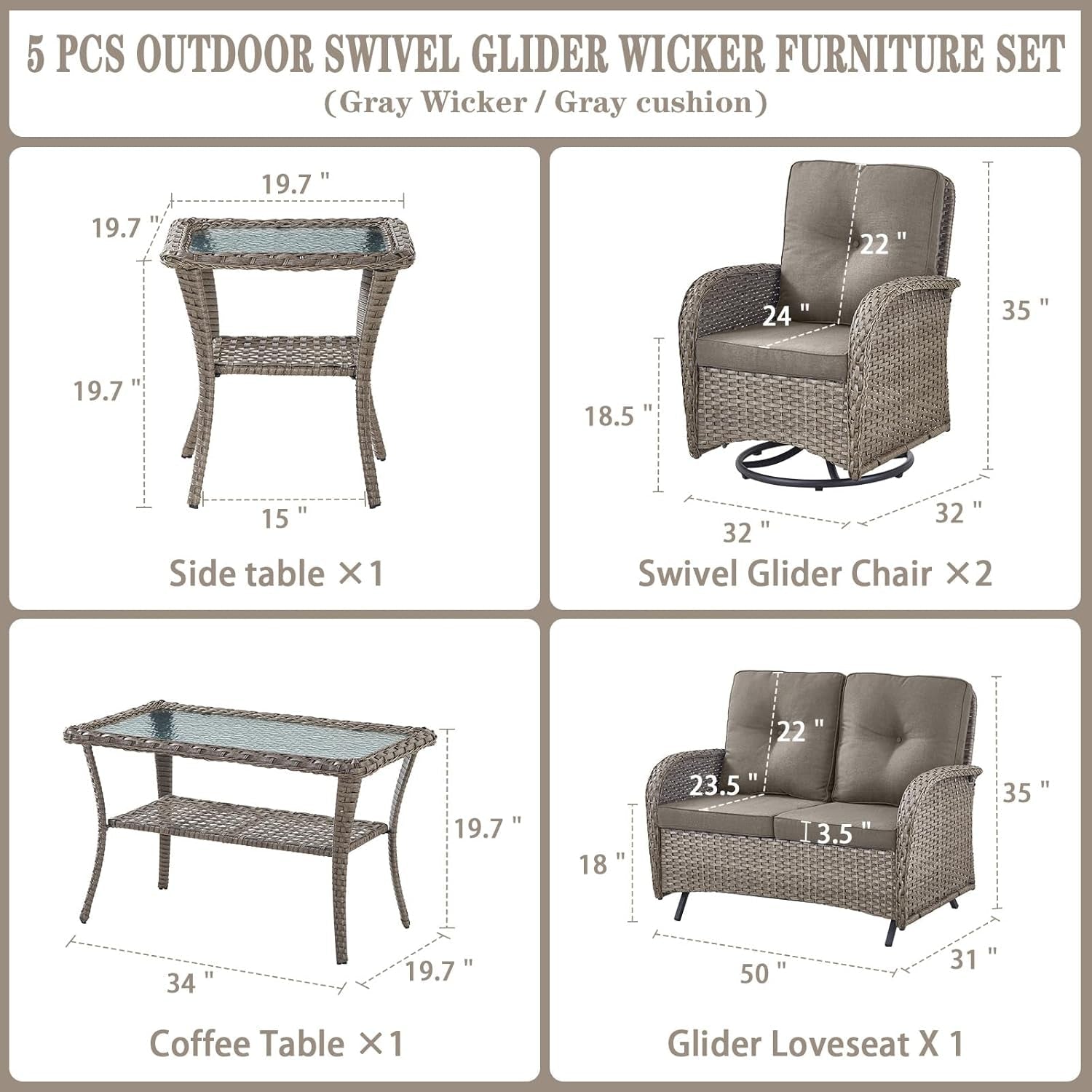 5 Piece Outdoor Patio Set Gray Wicker Swivel Rockers-1