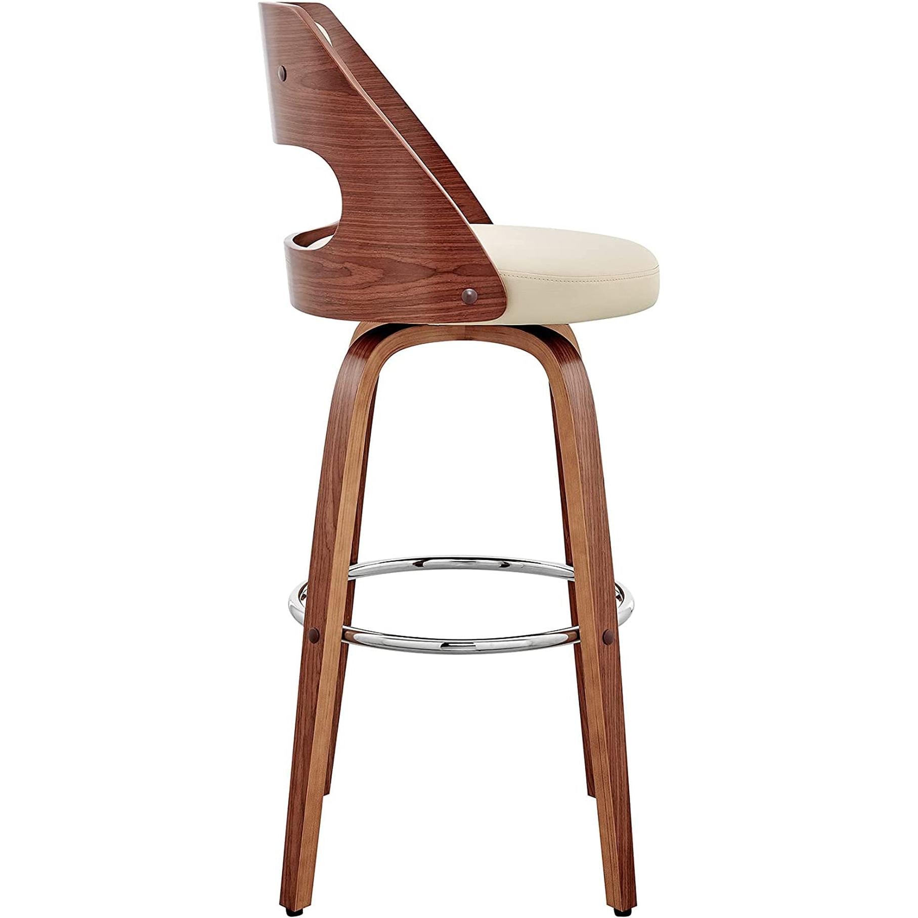 Cream Faux Leather Walnut Wood Bar Stool Swivel 360 Degree-3