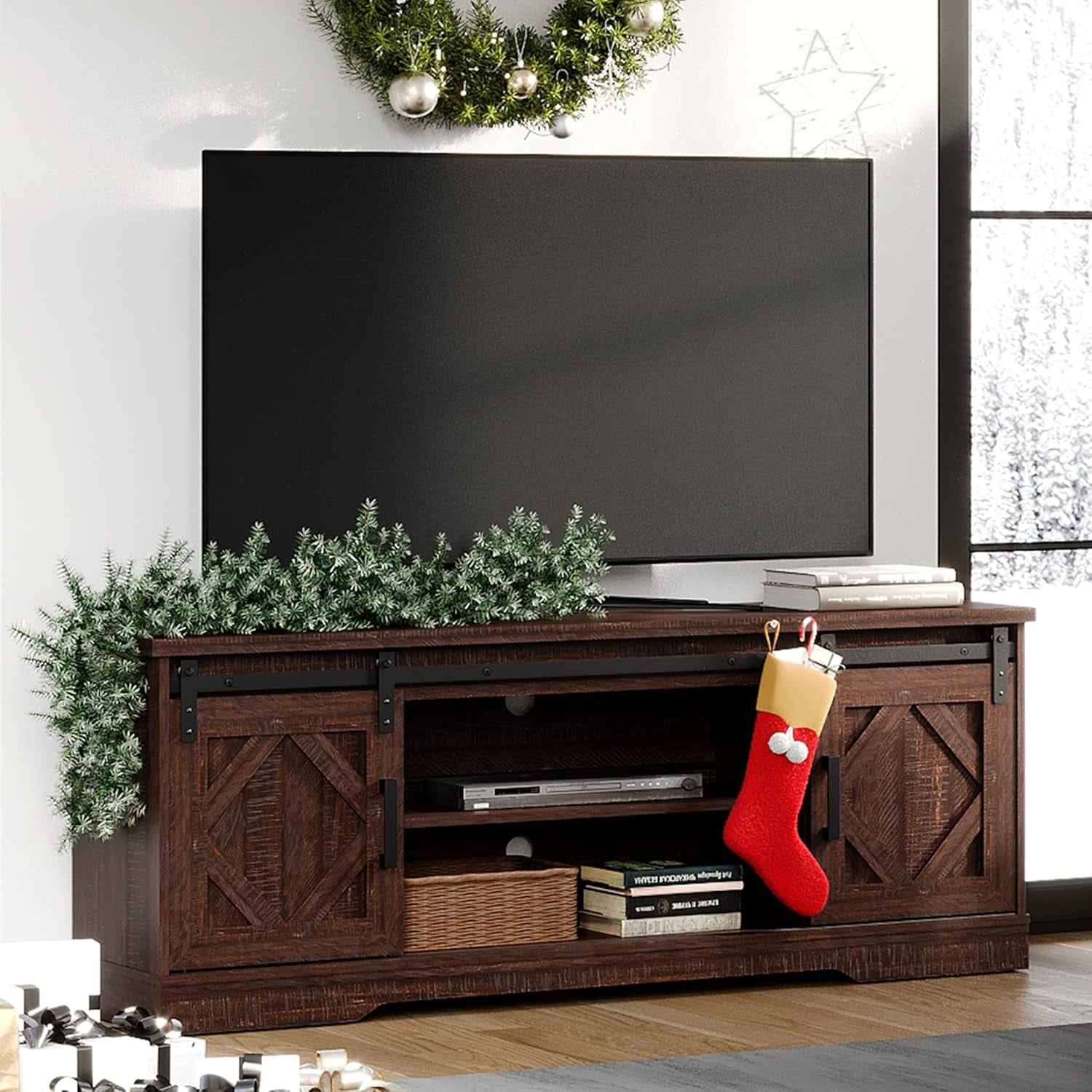 Farmhouse TV Stand Modern Sliding Barn Door Entertainment Center for Tvs up to 65 Inch, Wood TV Media Console Table Cabinet Storage for Living Room, Rustic Brown-2