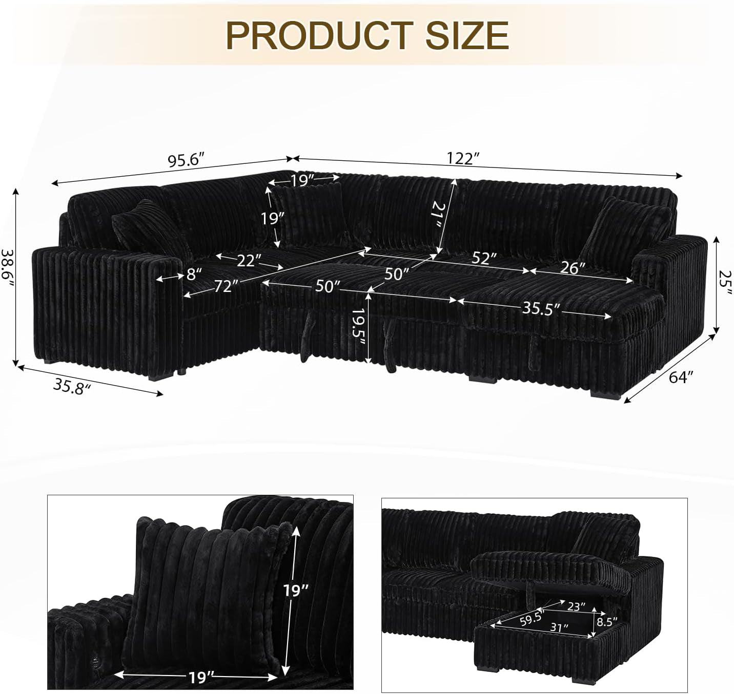 Black 122Inch U Shaped Sleeper Sectional USB Charging Ports-1