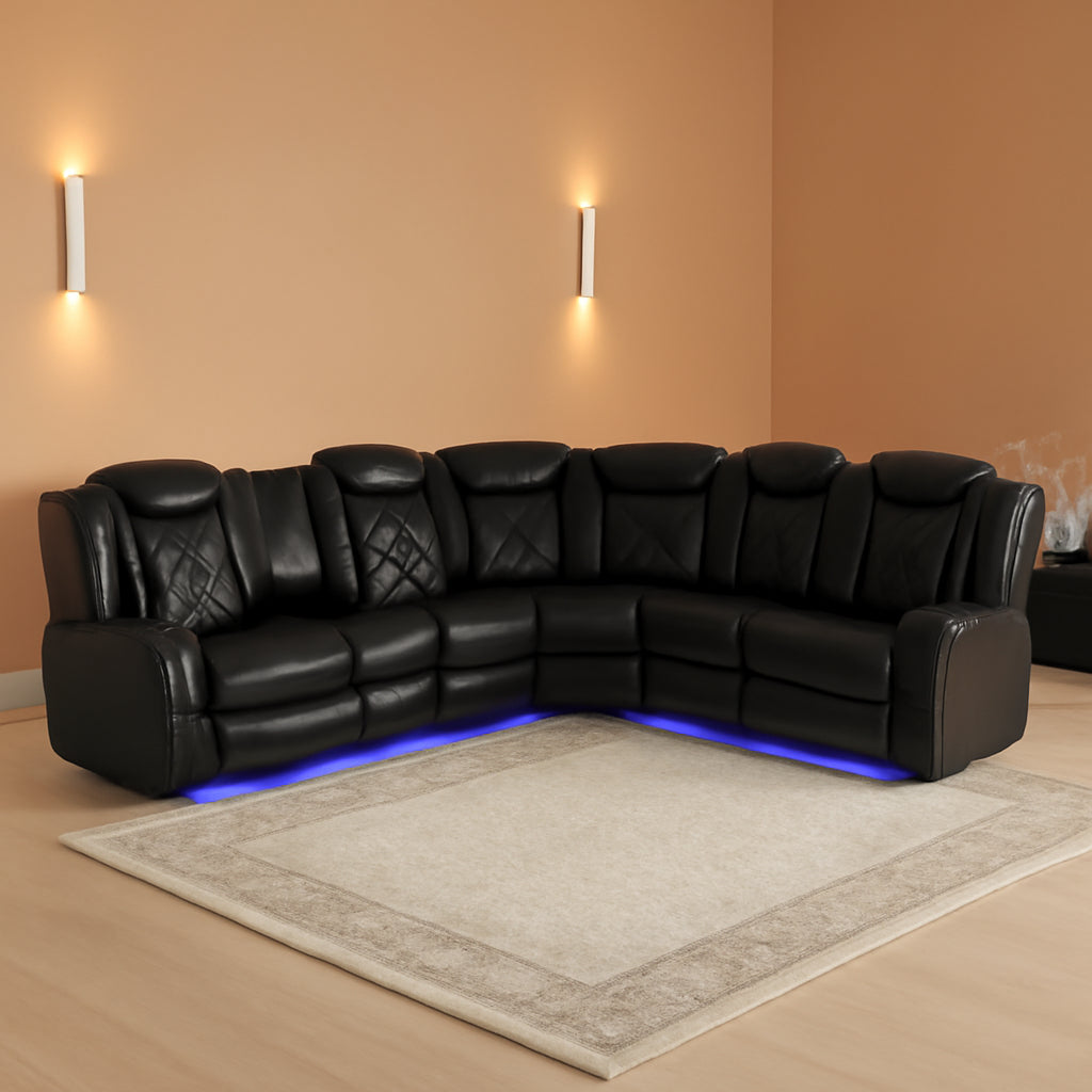 Power Recliner Sectional Sofa Black With LED Lights-0